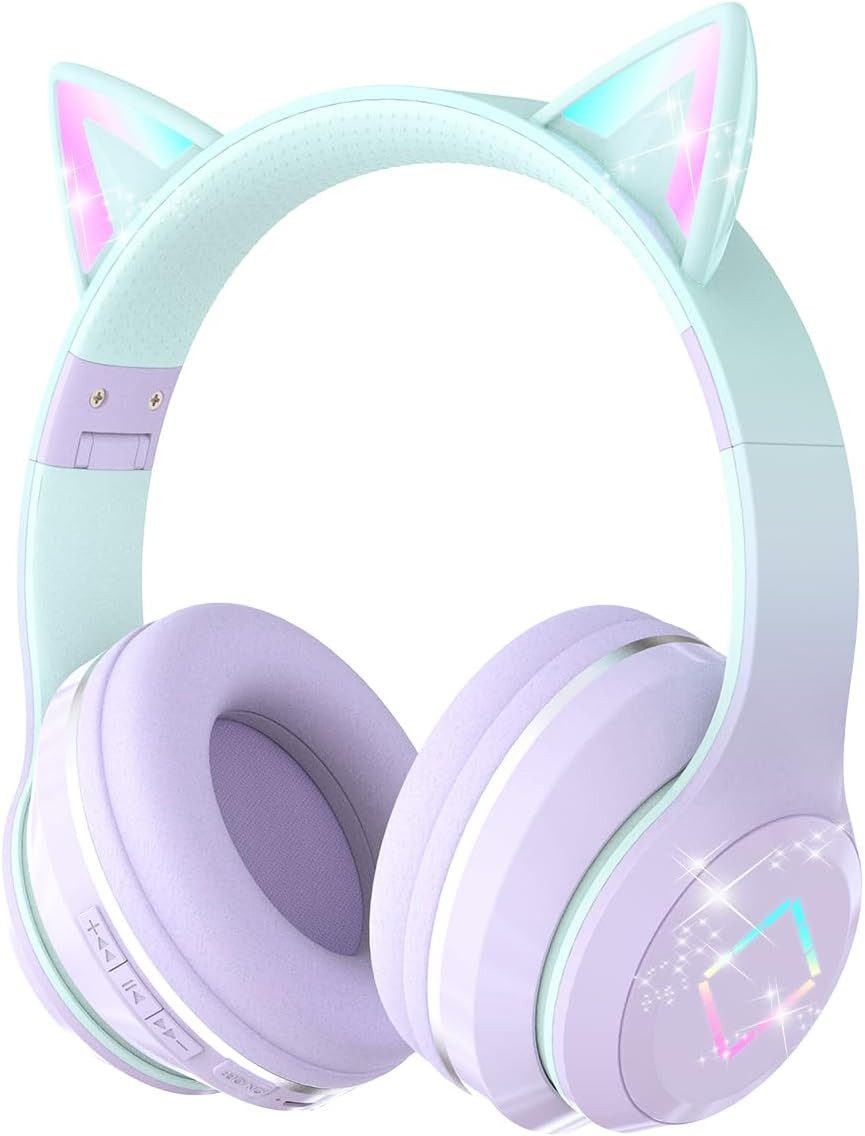 Xunpuls Niedliche mit LED-licht Katzenohren & Mikrofon,HD Stereo Sound,faltbar Kinder-Kopfhörer (Flexibler 2-in-1-Modus: Kabellos per Bluetooth oder kabelgebunden mit 3,5-mm-Klinke. Kompatibel mit Tablet, PC, Smartphone und mehr. TF-Kartensteckplatz für MP3- oder MP4-Wiedergabe., Bluetooth, Kristallklarer Klang durch hochwertige 40-mm-Treiber für Hörerlebnis)