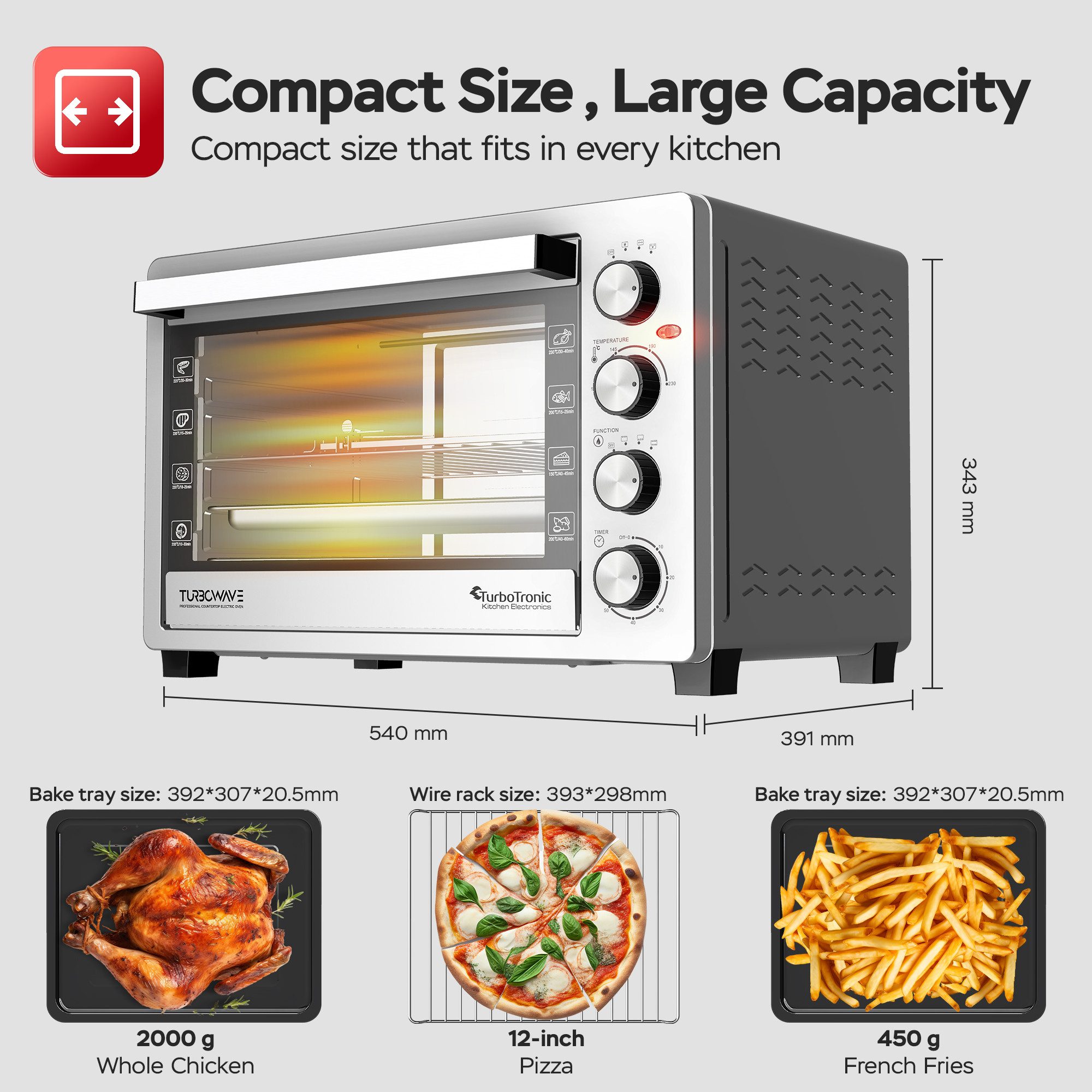 TurboTronic by Z-Line Minibackofen 2000 W 38 l Mini Backofen mit Umluft Drehspieß Grill Pizzaofen Timer, Tischbackofen mit Umluft, kleiner Backofen, Mini Ofen, freistehend