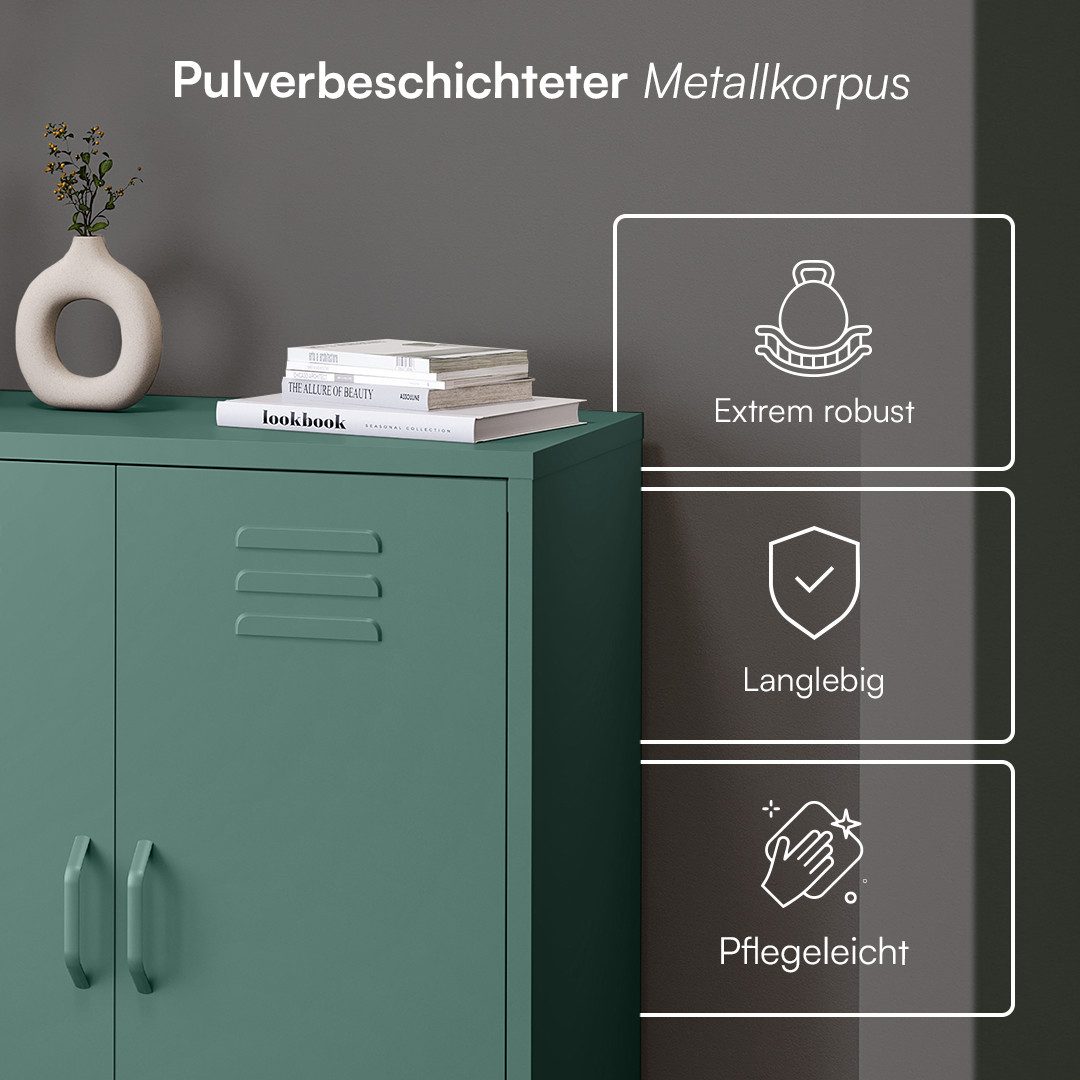 skølm Kommode Atria aus Metall (Dunkelgrün, 3 Fächer), höhenverstellbare Böden, Highboard auch verfügbar mit Schubladen