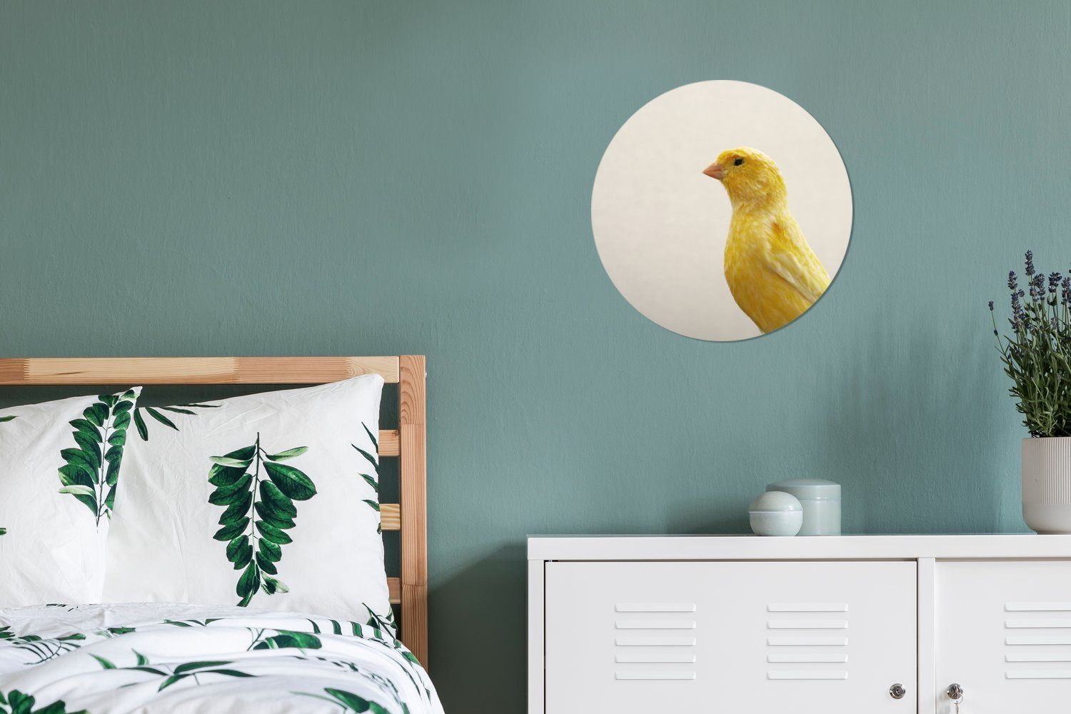 Rundes Forex, MuchoWow (1 weißem Kreis Wanddekoration Gemälde Kanarienvogels Hintergrund, 30x30 Nahaufnahme Wandbild, mit eines gelben cm St), Wohnzimmer,