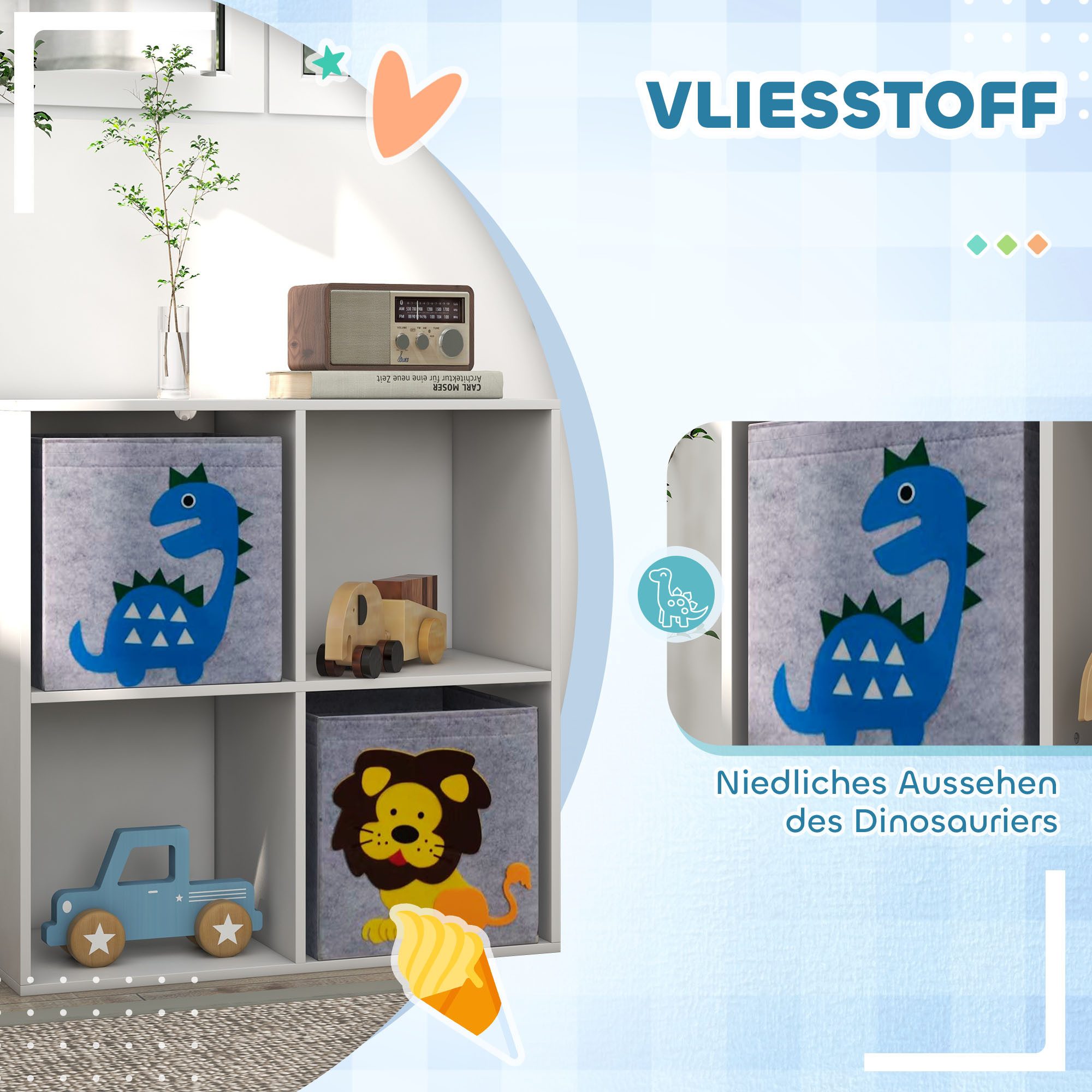 ZONEKIZ Kinderregal Bücherregal Spielzeug-Organizer 2 Aufbewahrungsboxen, 2 off.Fächer, Kinder-Aufbewahrungsschrank 1-tlg., für Schlafzimmer, Spielzimmer, Klass – Bild 5 von 5
