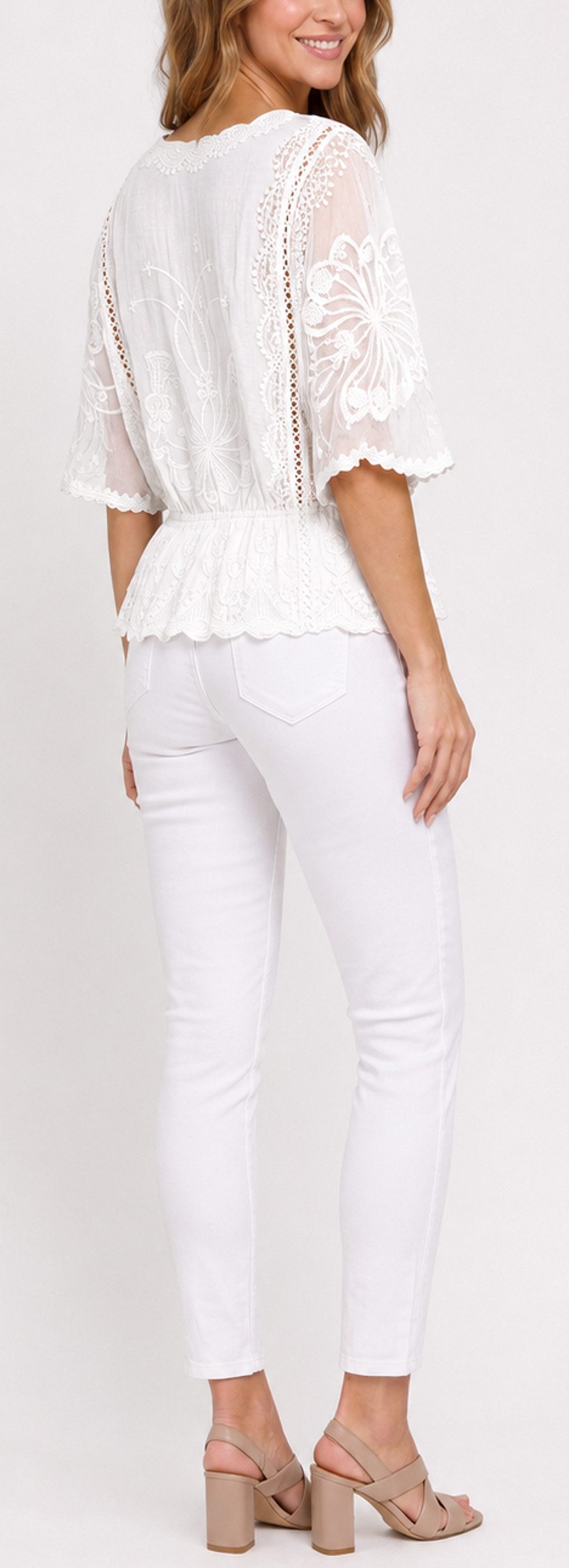 dy_mode Spitzenbluse Damen Sommerbluse mit Spitze Kurzarm Oberteil Einfarbig Transparent in Unifarbe, transparenten Ärmel
