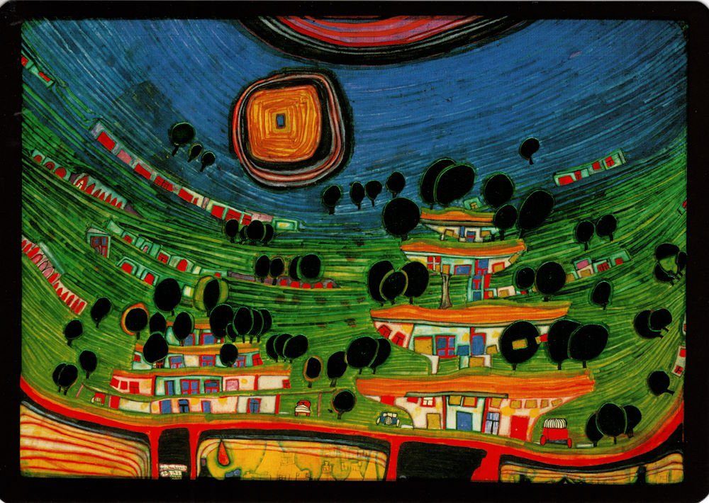 Postkarte Kunstkarte Hundertwasser "Die Häuser hängen an der Unterseite der ..."