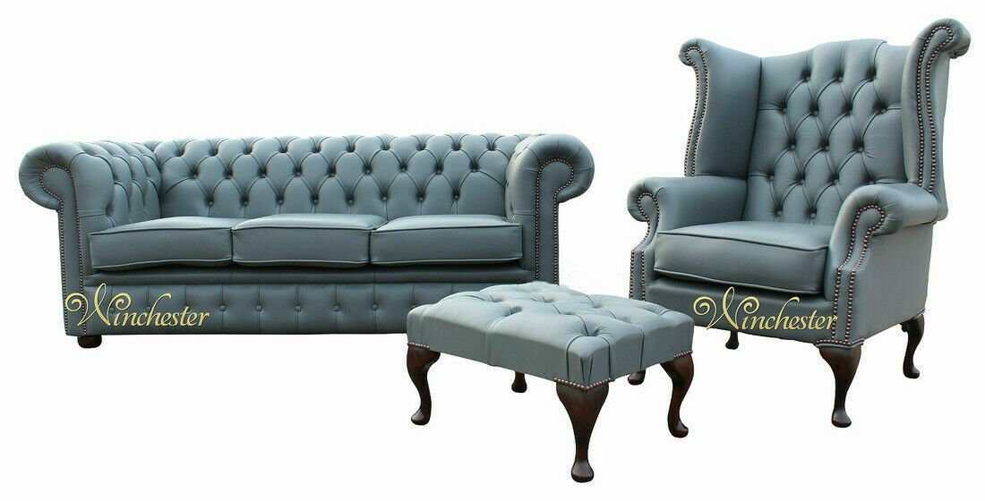 Ledersofa JVmoebel Couch tlg., Made Chesterfiield Hocker Europe Ohrensessel in 3 + Sofa Sitzer 3