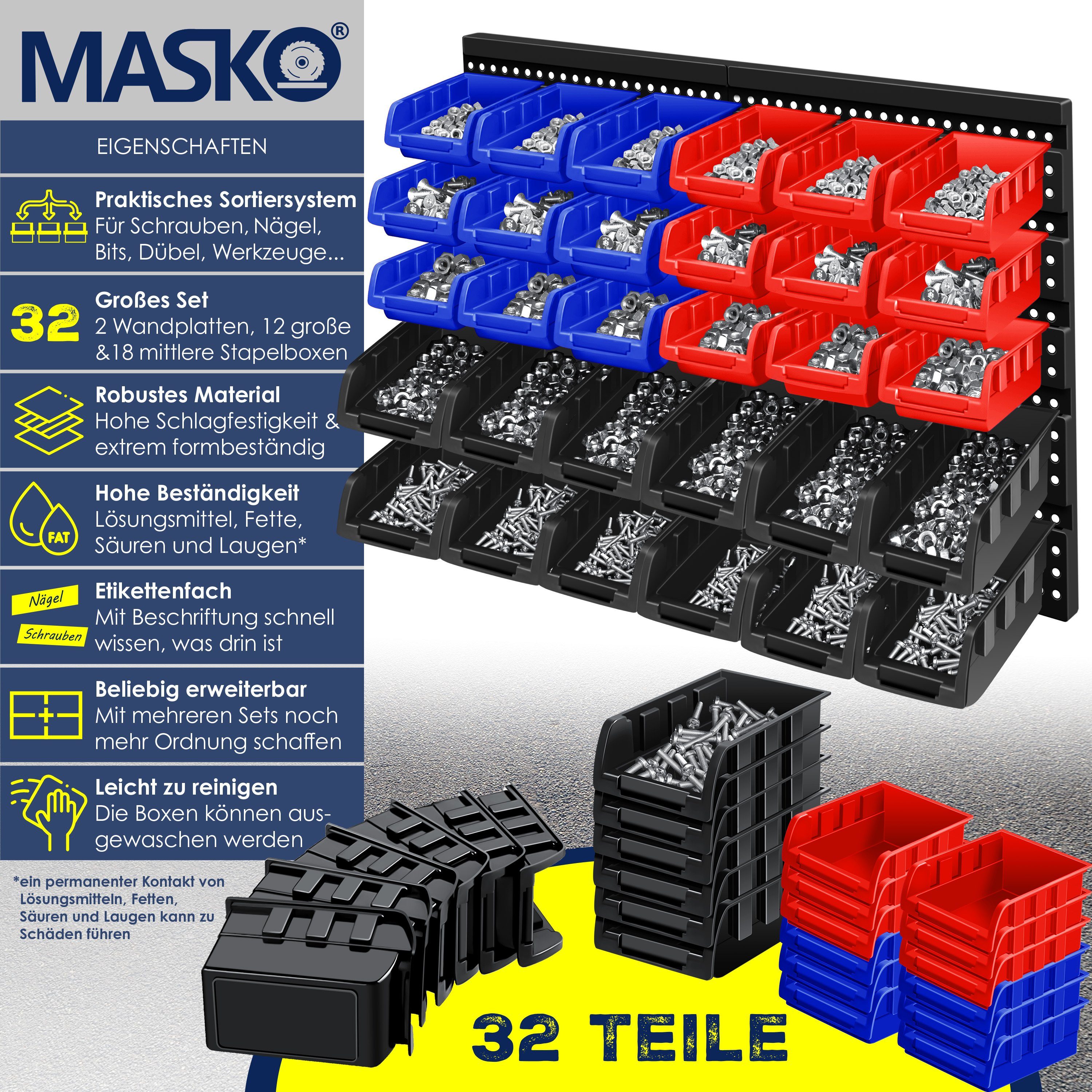 MASKO Stapelbox, Stapelboxen Wandregal 32tlg Box Sichtlagerkästen Schüttenregal