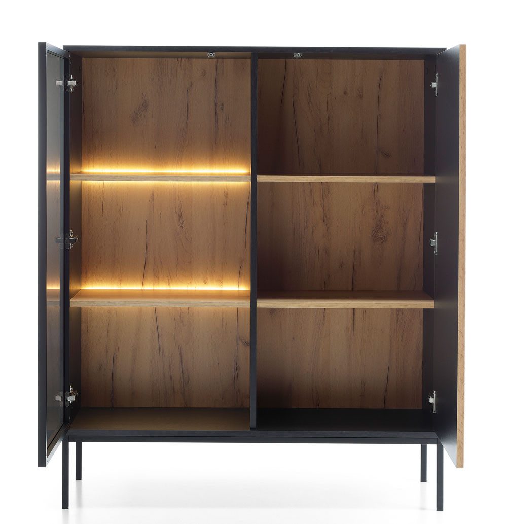 Feldmann-Wohnen Vitrine Sento (2 Türen, innen je 2 Böden, mit Glaseinsatz, Türanschlag wechselbar, 1-St., Push to open Funktion & LEDs, Grifflos, Fronten mit geriffelten Muster) 104x39x126cm schwarz / Wotan Eiche, Mitteldichte Faserplatte
