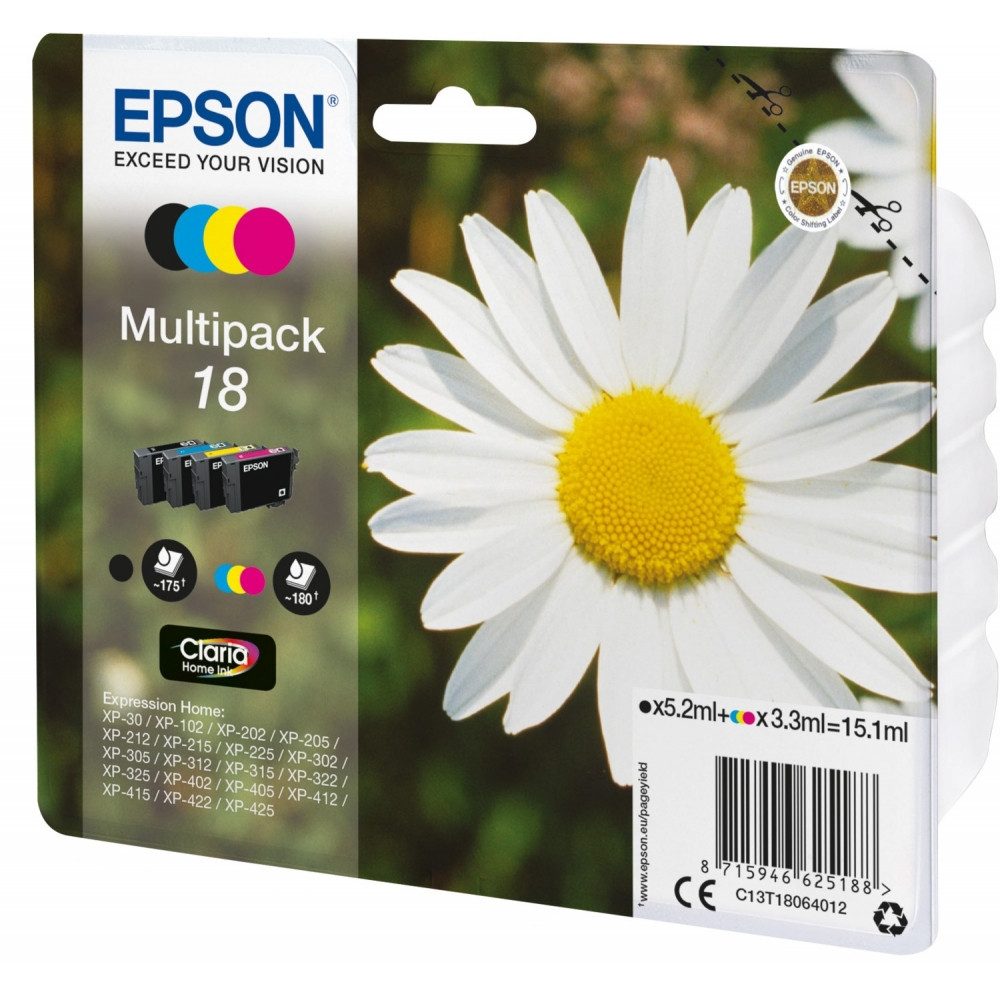 Epson Epson 18 Claria Home Multipack 4-farbig Tintenpatronen Tintenpatrone (T1806, Stechend scharfe Texte & Fotos)