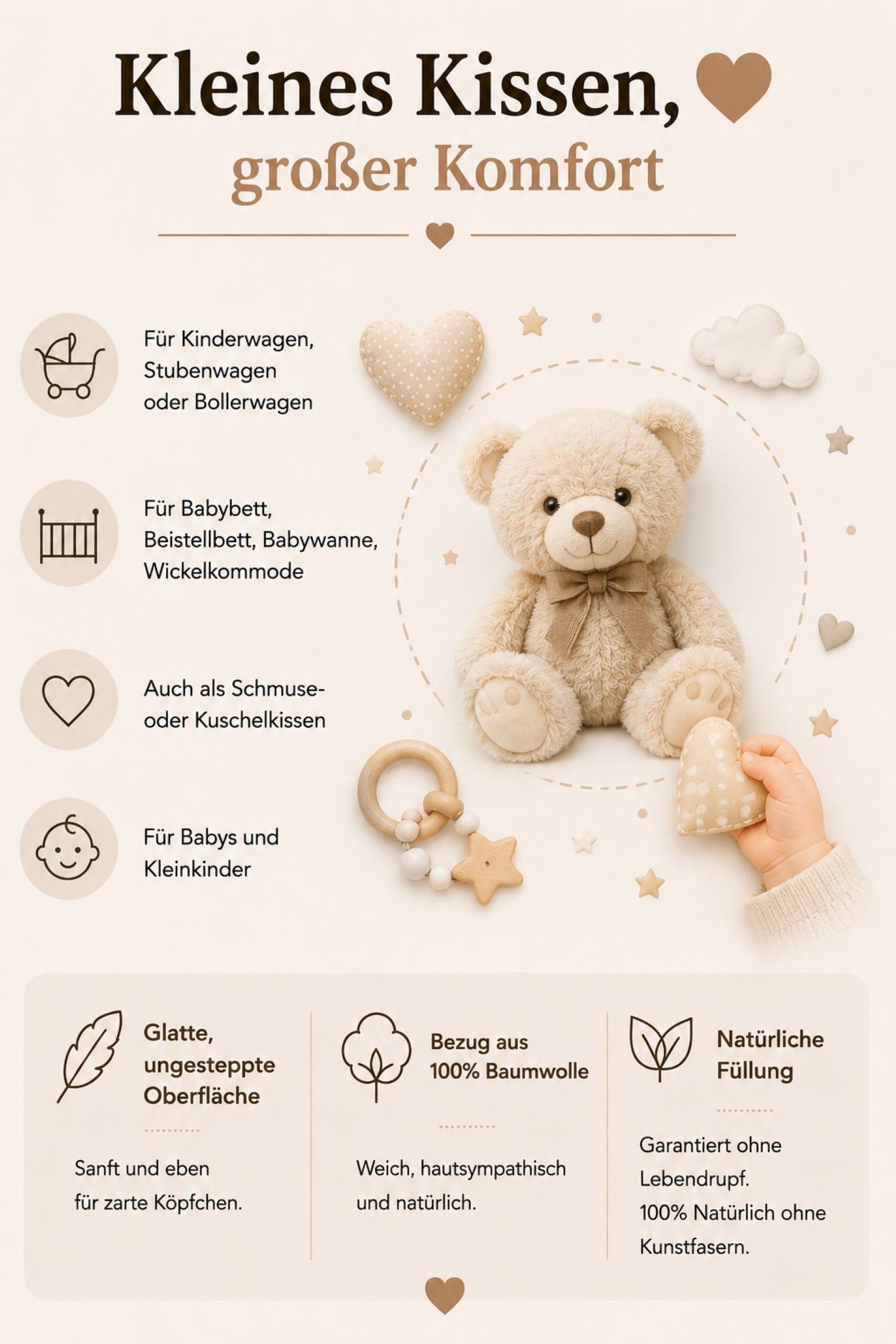 Betten Hofmann Babykissen Betten Hofmann Babykissen Kuschelkissen 35x40cm medium 50% Daunen 70g, flach und weich, made in Germany