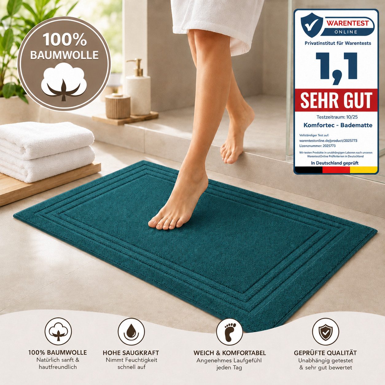 Komfortec Badematte 2er Badetuch Set aus 100% Baumwolle 50x70 cm Extra Weich & Saugstark, Rechteckig, 600 g/m² – Bild 4 von 5