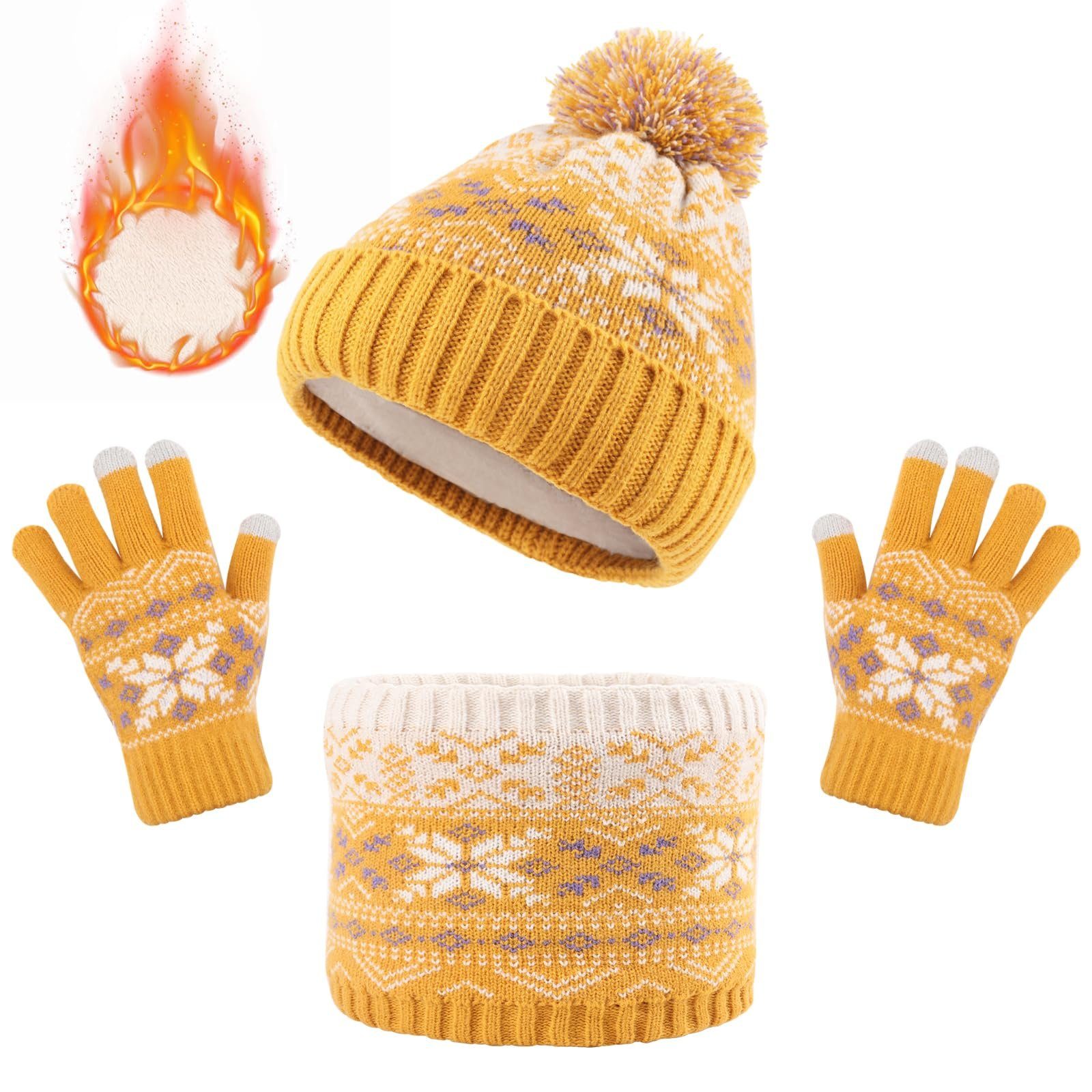 gelb Set Handschuhe für Wintermütze Jungen (1-St) Strickmütze Mädchen Kinder Schal Kinder Jahre 2-6 POCHUMIDUU