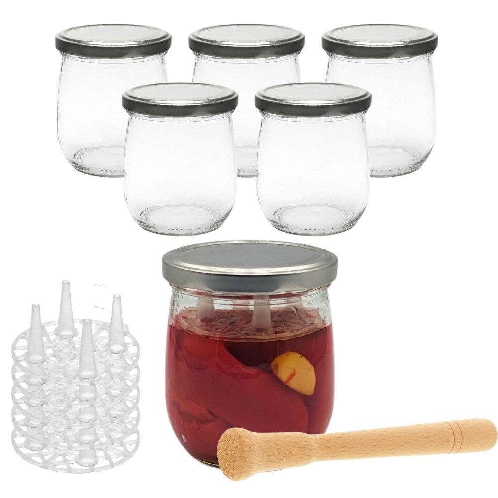 mikken Fermentationsglas Fermentier Set 6 Fermentiergläser 415 ml Tulpenglas, (6er Set, Start-Set zum Fermentieren mit 6 Gläsern), inkl. Deckel PVC-frei und Holzstößel