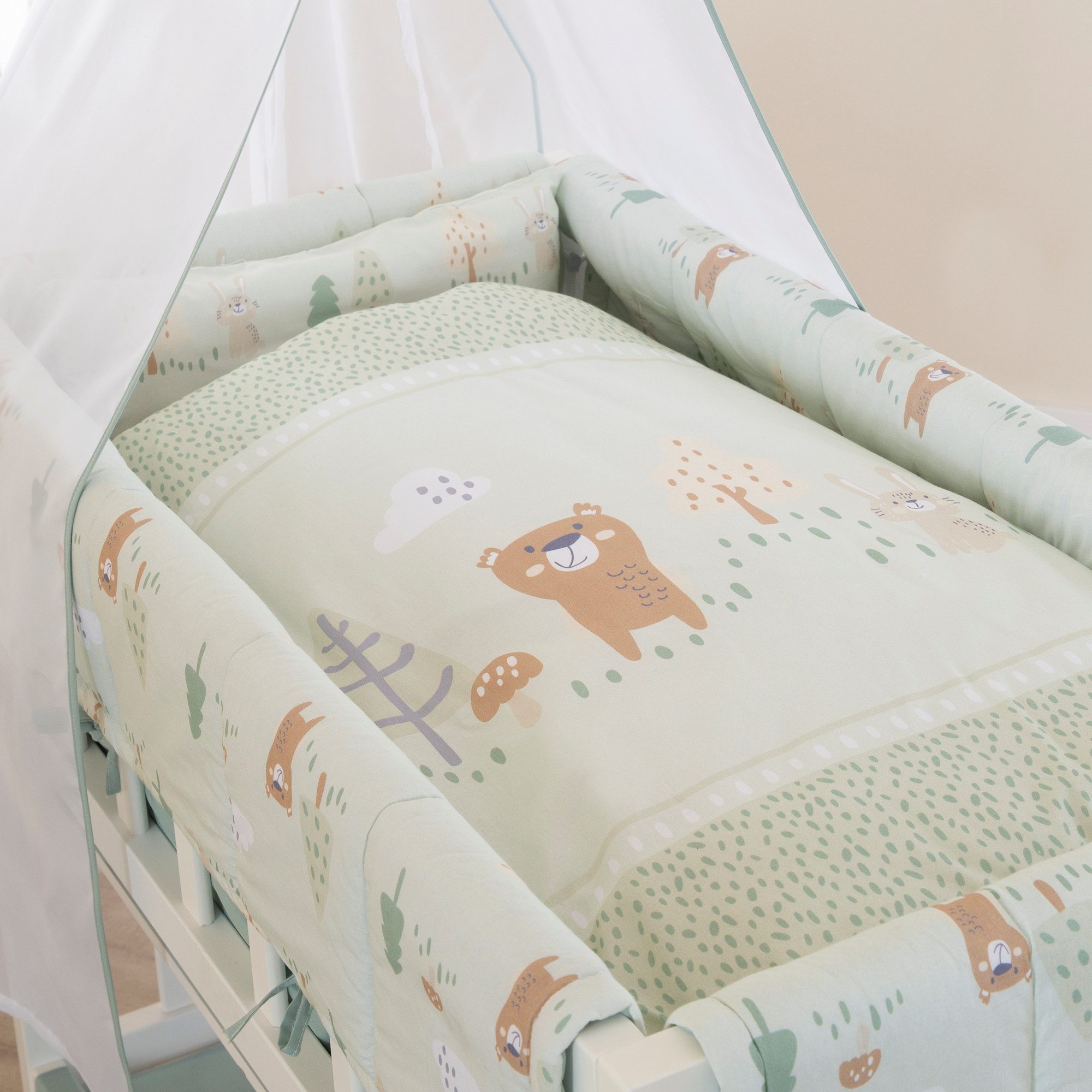 roba® Babybettwäsche Woodland Buddies 80 x 80 cm - Bettwäsche mit Tier & Waldmotiven, Baumwolle, 2 teilig, Bezug für Bettdecke 80 x 80 cm + Kopfkissen 35 x 40 cm - Pastellgrün