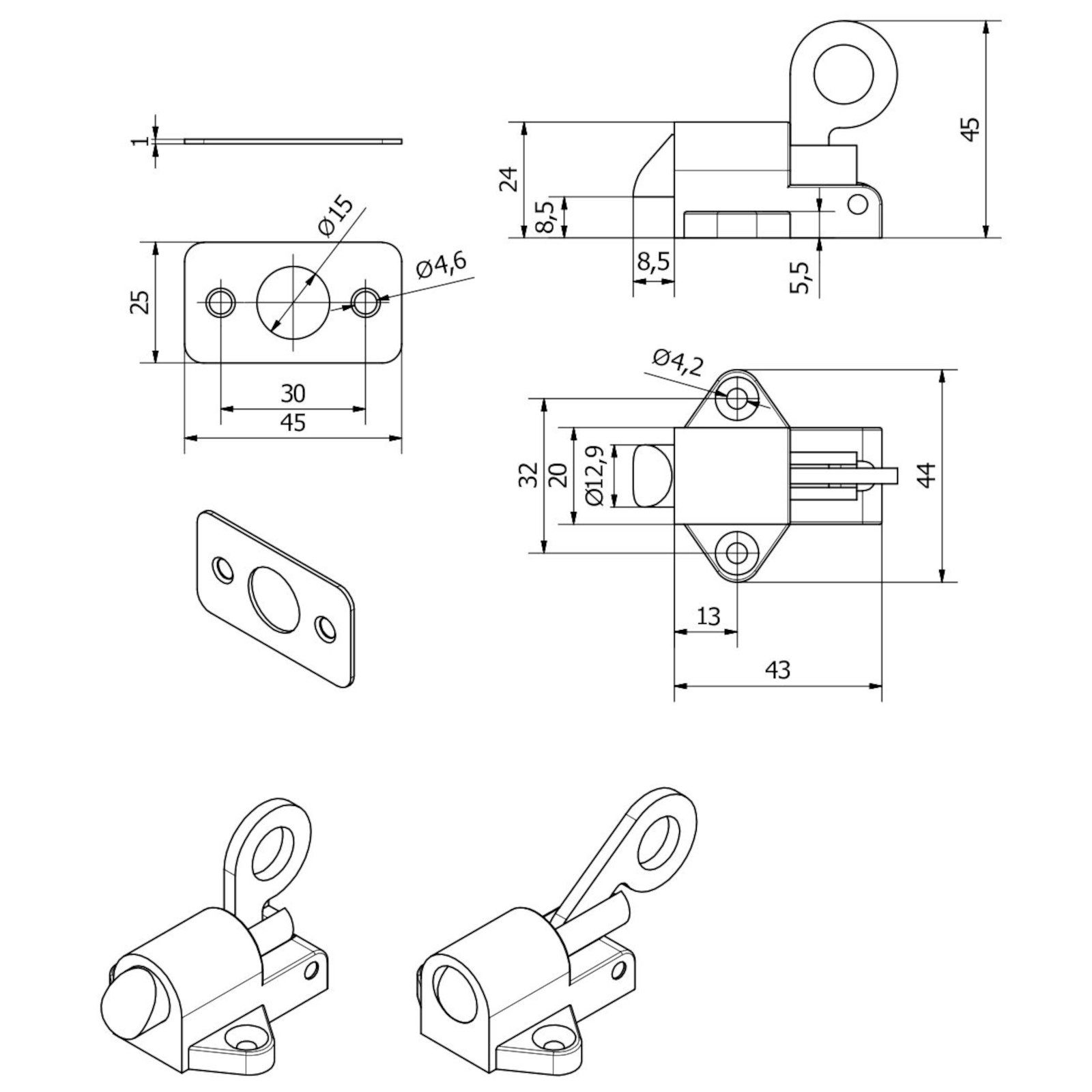 Caravanbereich SO-TECH®, selbstschließender (1-tlg), oder x oder mm), 44 51,5 Klappen Türriegel Haftmagnetschnäpper Möbelbau Schnappschloss (45 Türen für x im