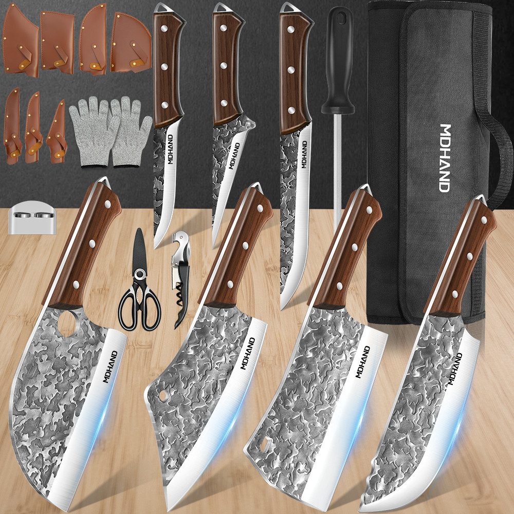 MDHAND Messer-Set 14-teiliges Schlachtmesser (14-tlg), Ergonomische Griffe, inklusive Aufbewahrungstasche