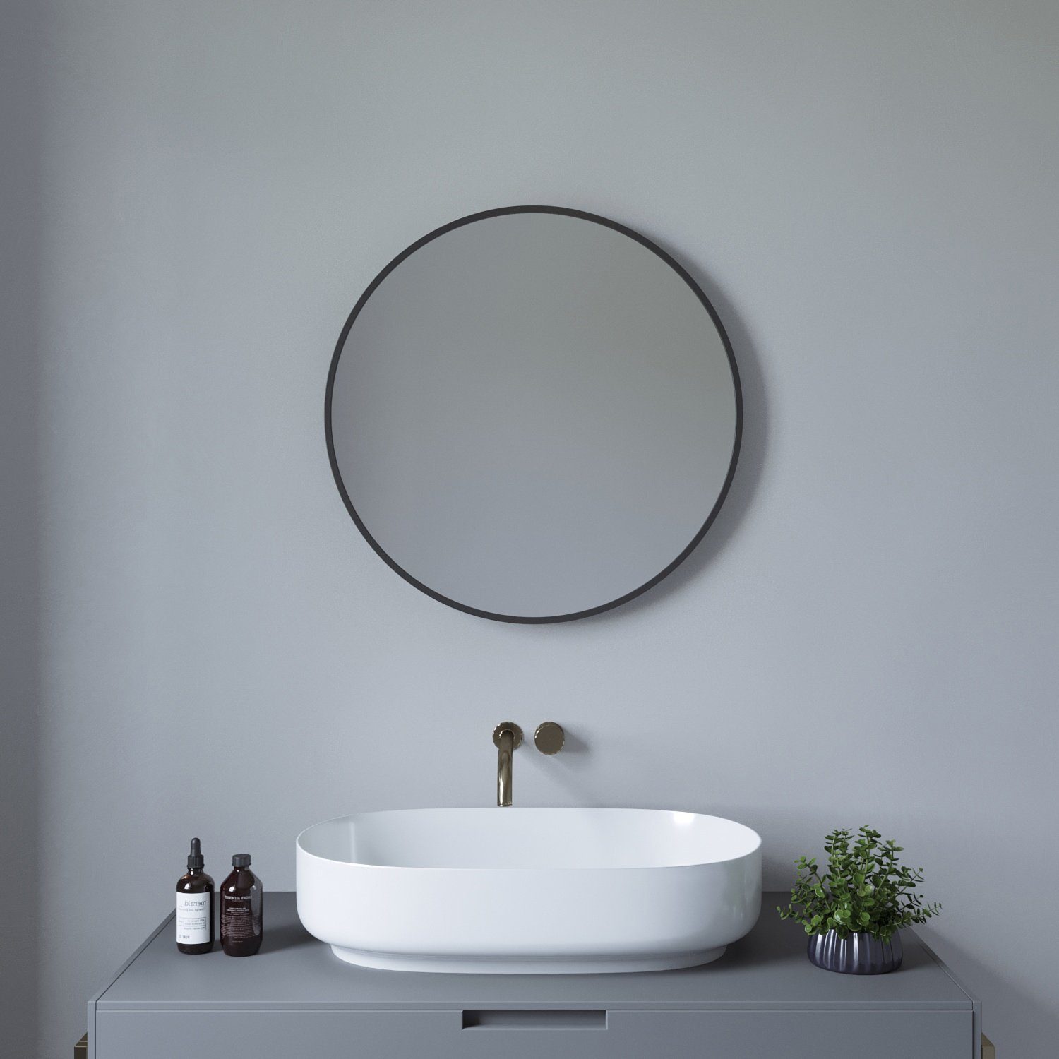 AQUABATOS Badspiegel Badezimmerspiegel Wandspiegel Spiegel Rund Schwarz Gold Vintage, 60x60 cm, mit Aluminiumrahmen, inkl. Befestigungsmaterial, Wandmontage schwarz matt
