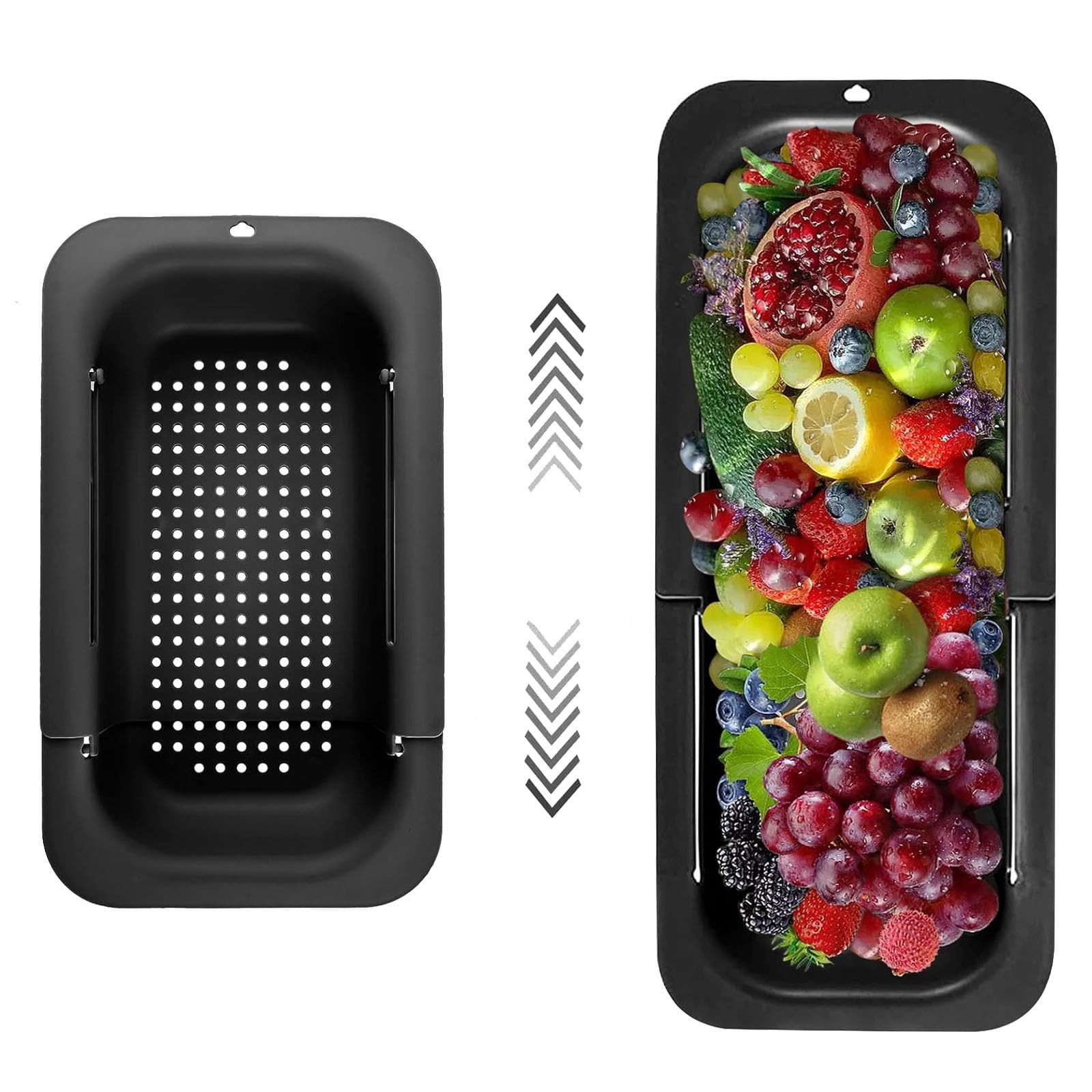 RWEUOQ Küchensieb Küchensieb Sieb Ausziehbares Abtropfsieb Verstellbarer Sink Strainer, (Mit ausziehbaren Design (34 cm bis 48 cm) und Aufhängbares Design, Gleichmäßige Verteilung der Entwässerungslöcher), für Spülbecken Obst, Gemüse, auch als Besteckhalter verwendbar