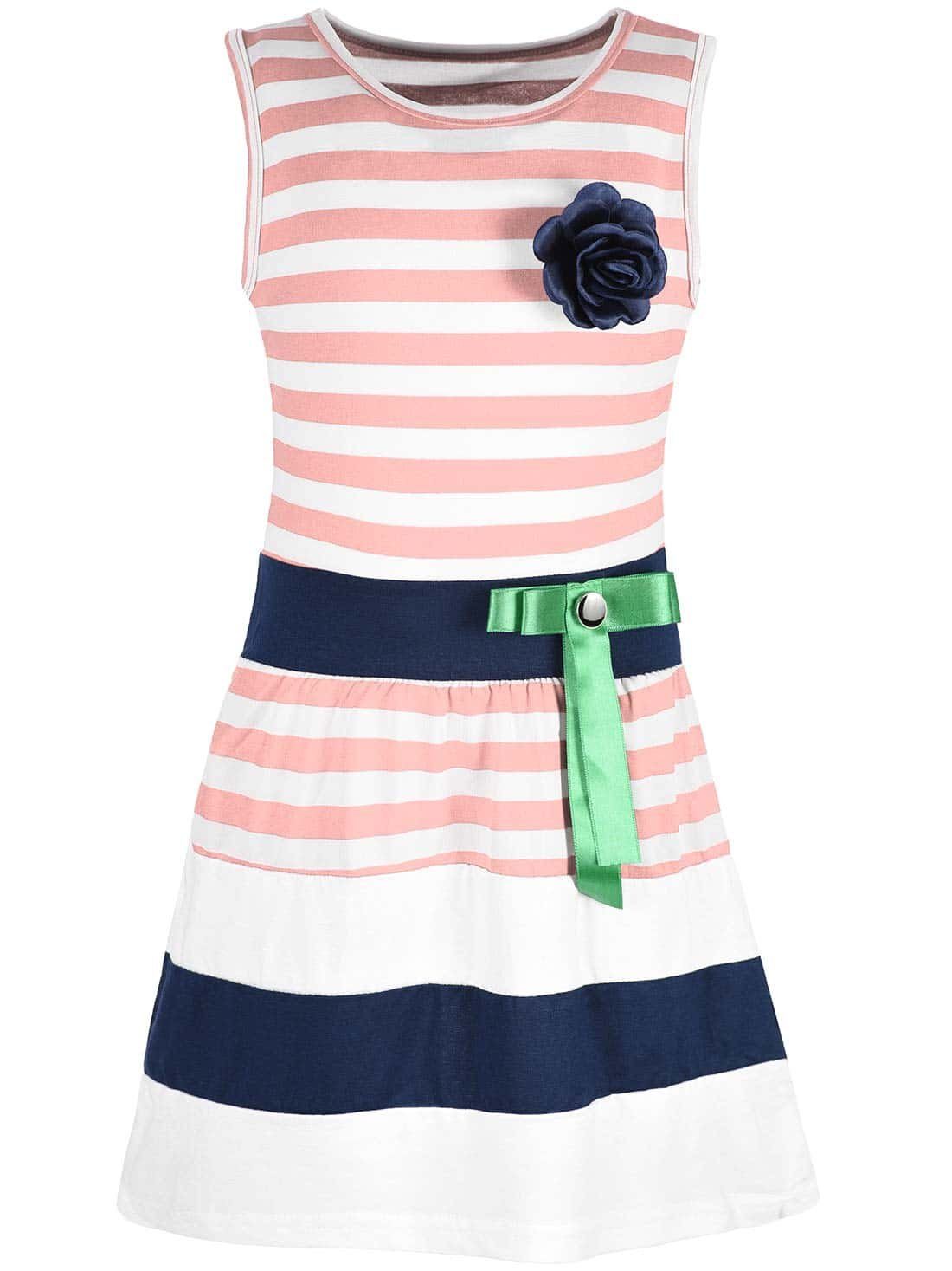 KMISSO Jerseykleid Mädchen Sommer Kleid gestreift mit Schleife 30049 (1-tlg) Schleife Lachs