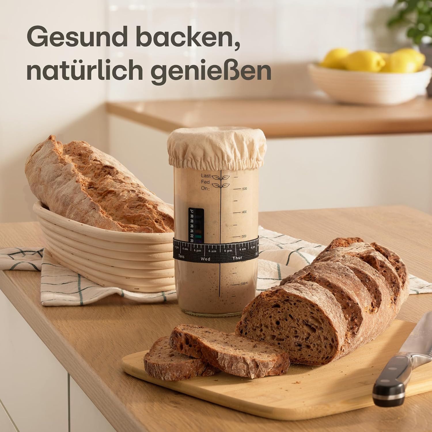 Praknu Fermentationsglas Sauerteig Starter Set aus Glas (700 ml) Komplett - Set mit Anleitung, Glas, Silikon, Baumwolle, Metall, (Starter Set, Komplett-Set für  – Bild 4 von 5
