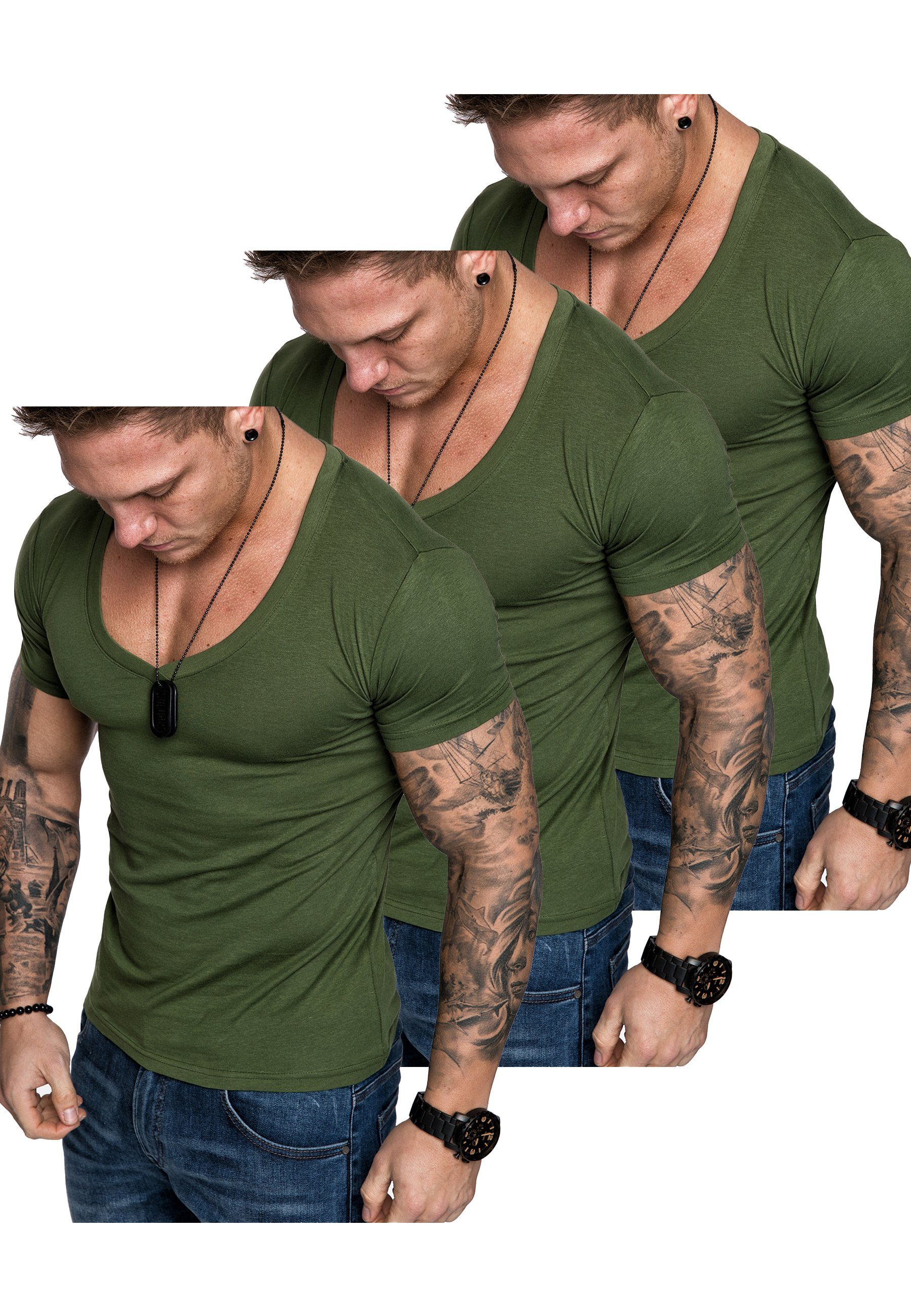 3. EUGENE T-Shirts Herren mit (3x T-Shirt V-Ausschnitt Amaci&Sons Herren (3er-Pack) T-Shirt 3er-Pack Oversize Khaki) Basic