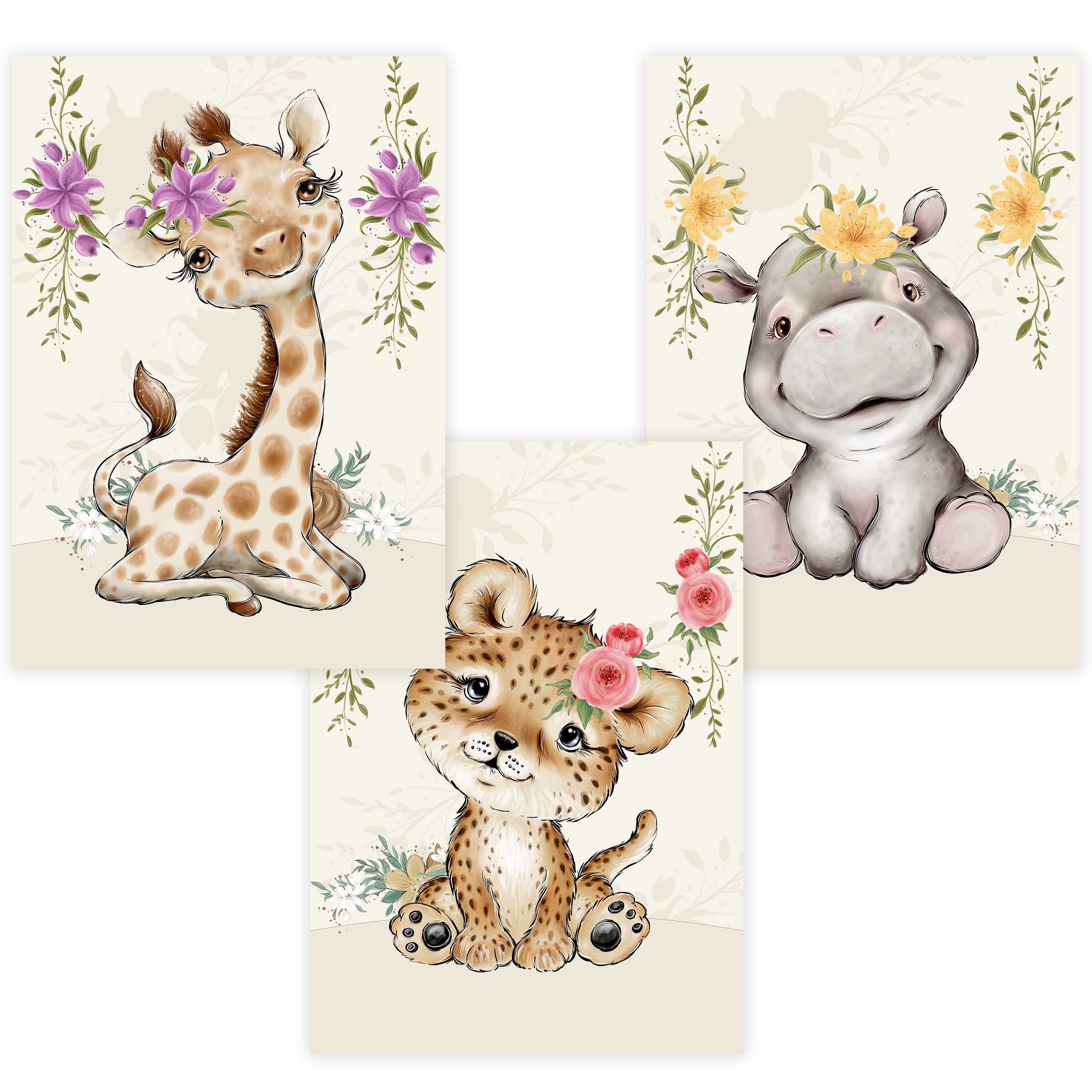Poster Kinderzimmer Poster 3er Set Premium P724 / Tiere mit Blümchen