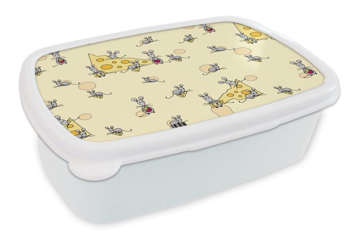 MuchoWow Lunchbox Käse - Tiere - Muster - Mäuse, Kunststoff, (2-tlg), Brotbox für Kinder und Erwachsene, Brotdose, für Jungs und Mädchen weiß
