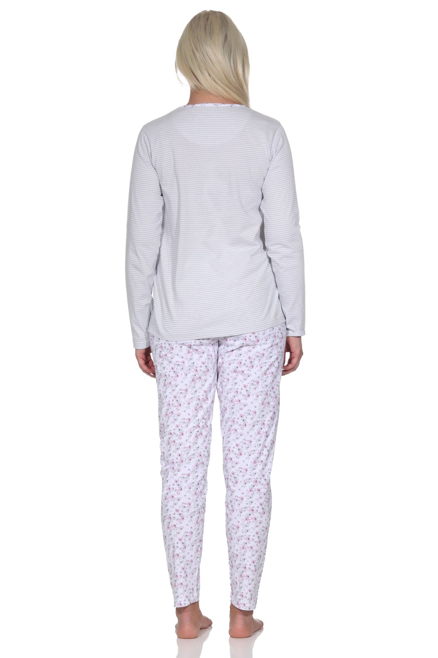 Normann Pyjama Verspielter Damen Schlafanzug langarm floralen grau in Muster tollem