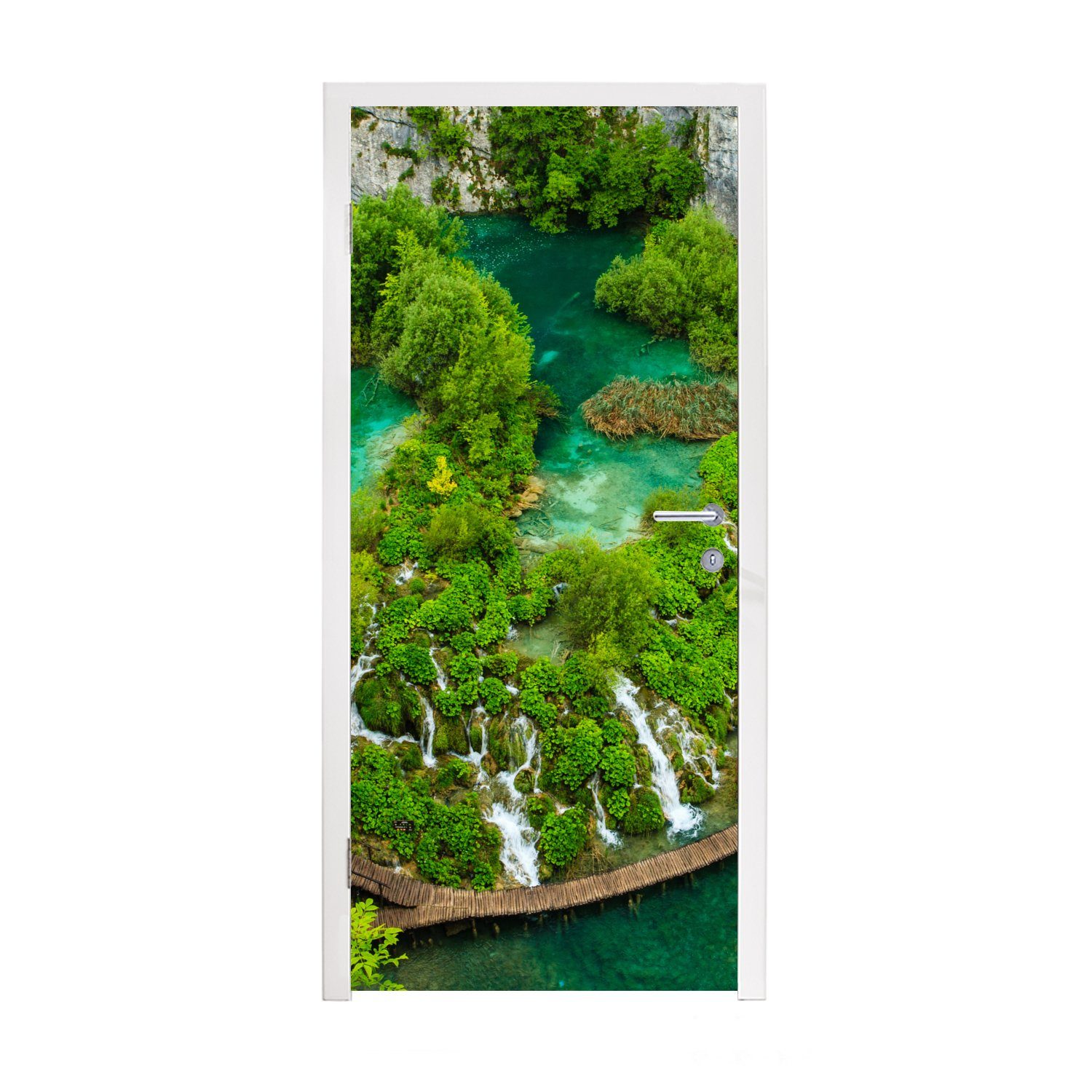 Kroatien, Matt, bedruckt, für (1 in auf Tür, Nationalpark Türaufkleber, Türtapete 75x205 Wasserfälle Plitvicer St), Blick Fototapete Seen im MuchoWow cm