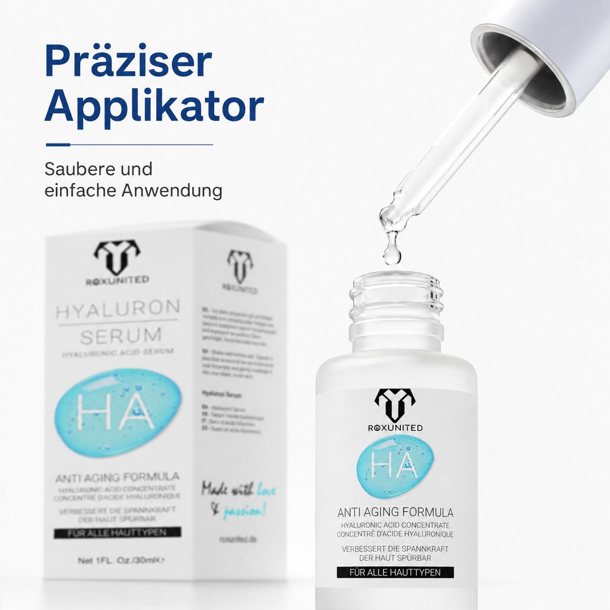 ROXUNITED Gesichtsserum Hyaluron Serum Gesicht [Vergleichssieger] Hormonfrei alle Hauttypen, Gesicht, Hals, Dekolletê