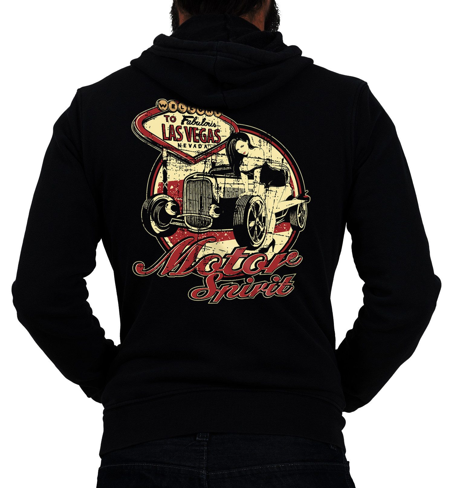 GASOLINE BANDIT® Kapuzensweatjacke für Rockabilly Motorrad und Oldtimer Fans: Motor Spirits mit Kapuze
