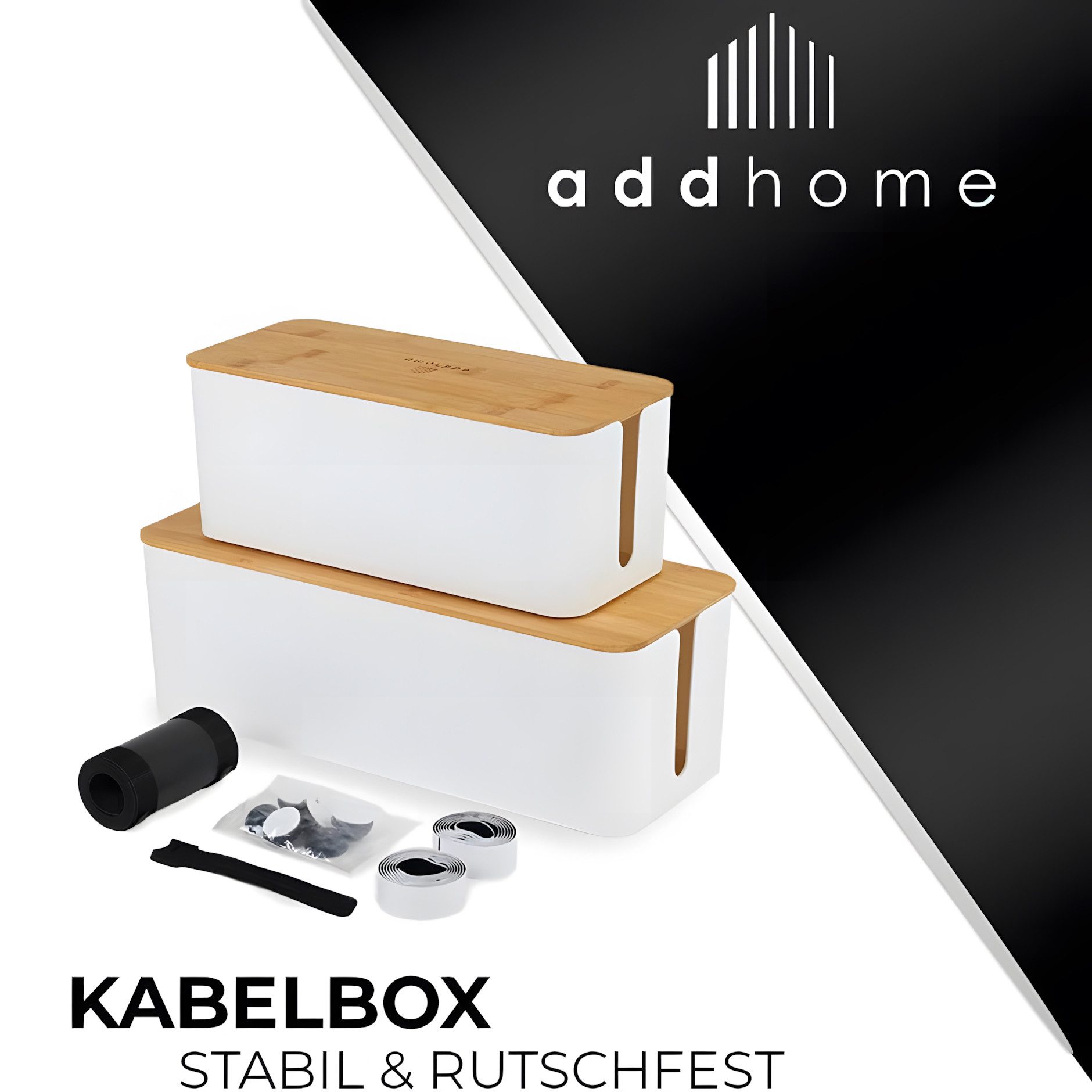 addhome Kabelbox 2er Kabelbox Set Weiß & Bambus Boxen in 40,5x15,5cm & 32x13,5cm inkl., Kabelmanagement Set inkl. Bambusdeckel, Klettbinder & Gummifüße – Bild 5 von 5