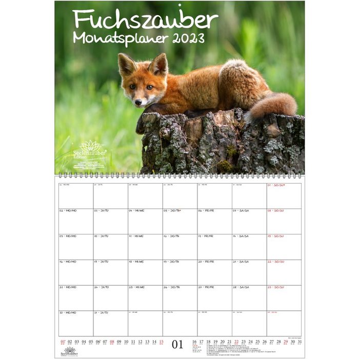 Seelenzauber Wandkalender Fuchszauber Planer DIN A2 aufgeklappt - Kalender für 2023 Fuchs und