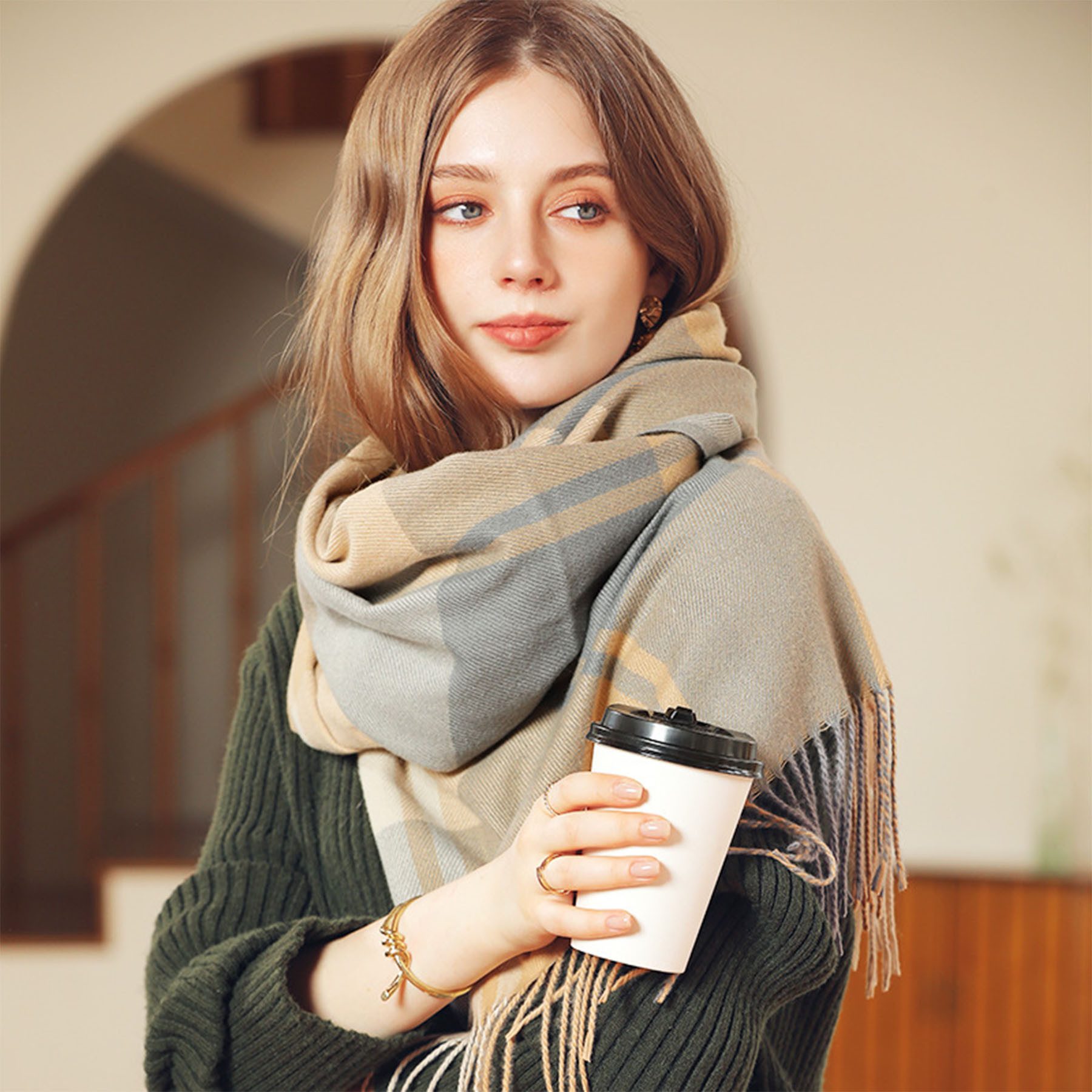Mutig Wollschal Damen Winter Senior Plaid Kaschmir Schal,übergroßer185*65cm Schal, (Tartan Schultertuch Mit Quasten,Warmer Oversized Poncho,Mischfarbe, Winter Geschenke für Mama, Freundin oder Schwester,Weihnachtsgeschenk), Aus 100 % Kaschmir-Imitat gefertigt, weich, Elegantes Karomuster
