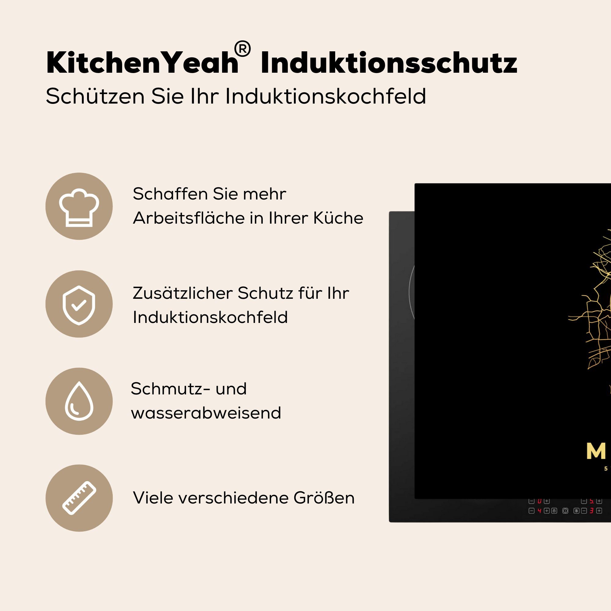 MuchoWow Herdblende-/Abdeckplatte Gold - cm, tlg), Induktionskochfeld Vinyl, für Schutz (1 die 81x52 Ceranfeldabdeckung Karte Stadtplan, - küche, - Münster