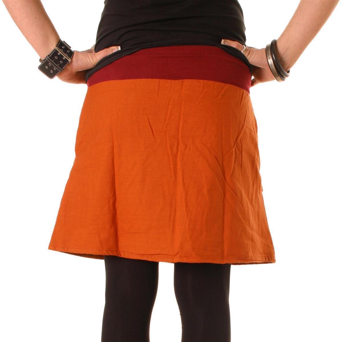 Vishes Minirock Tiefrot-Orange Baumwollrock Bund Style Taschen Boho, breiter Stickerei Hippie, Blumen Goa