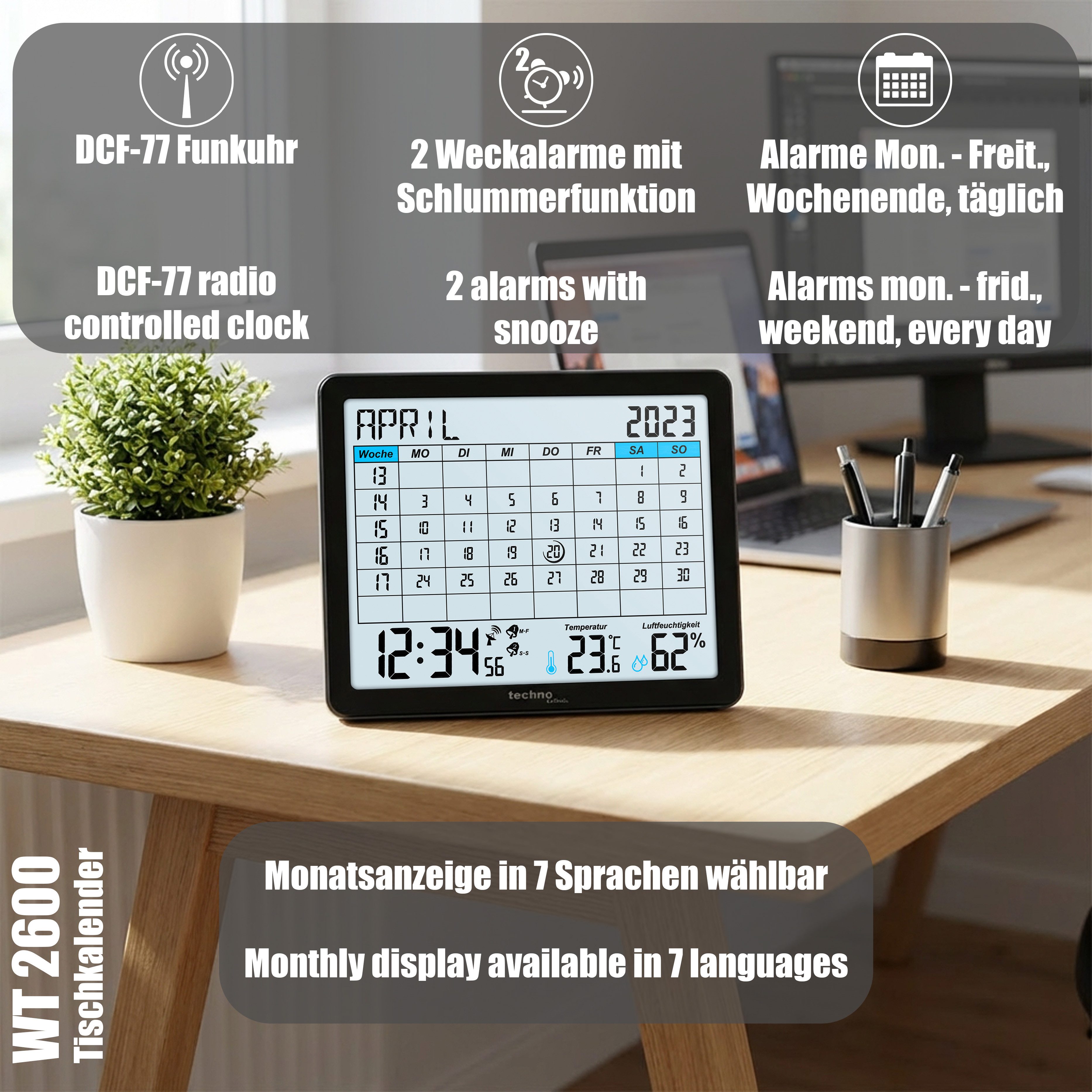technoline Funkwecker WT 2600 DCF-77 Funkuhr mit Monatskalender, Thermometer, Hygrometer & 2 Alarmen