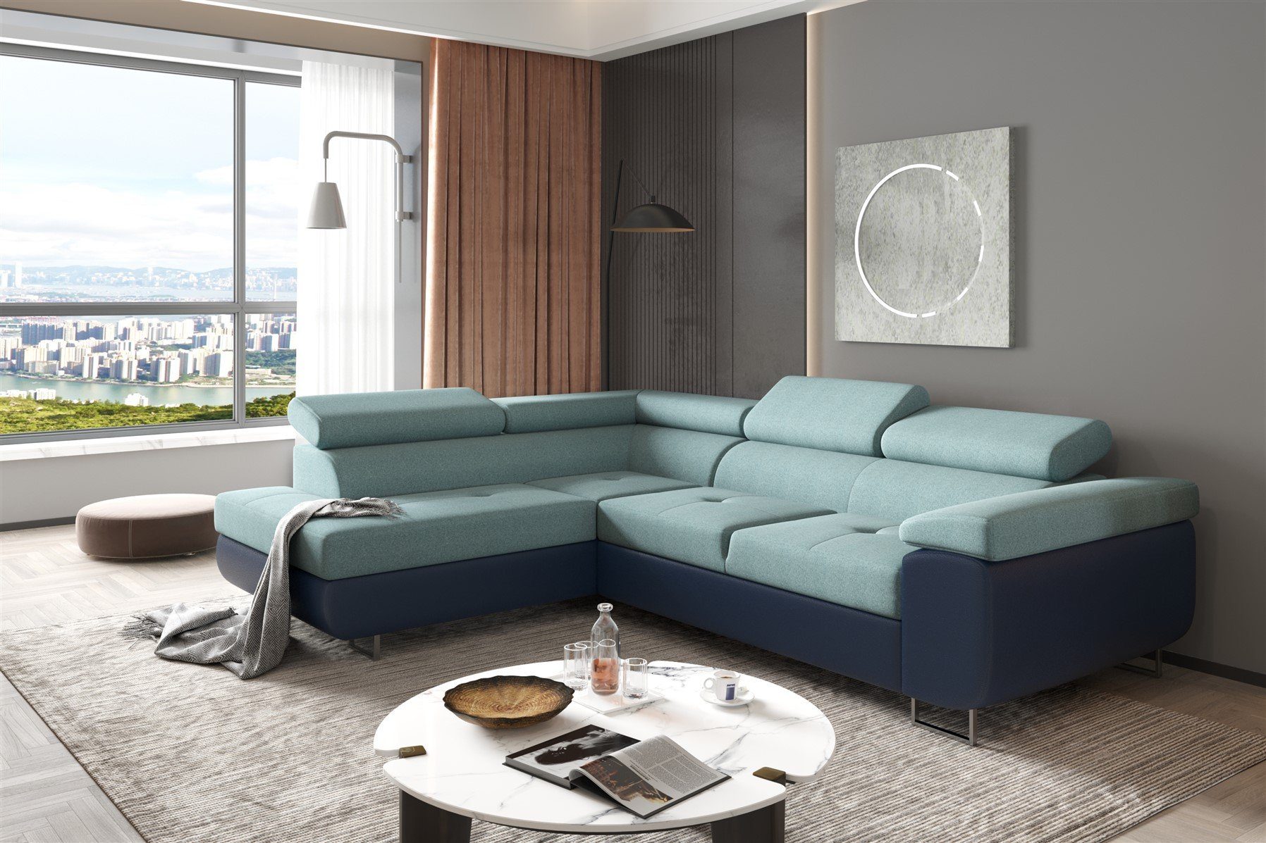 Fun Möbel Ecksofa Couchgarnitur JADE Blau-Meeresgrün Ottomane Rechts oder Links, 1 Teile, mit Schlaffunktion