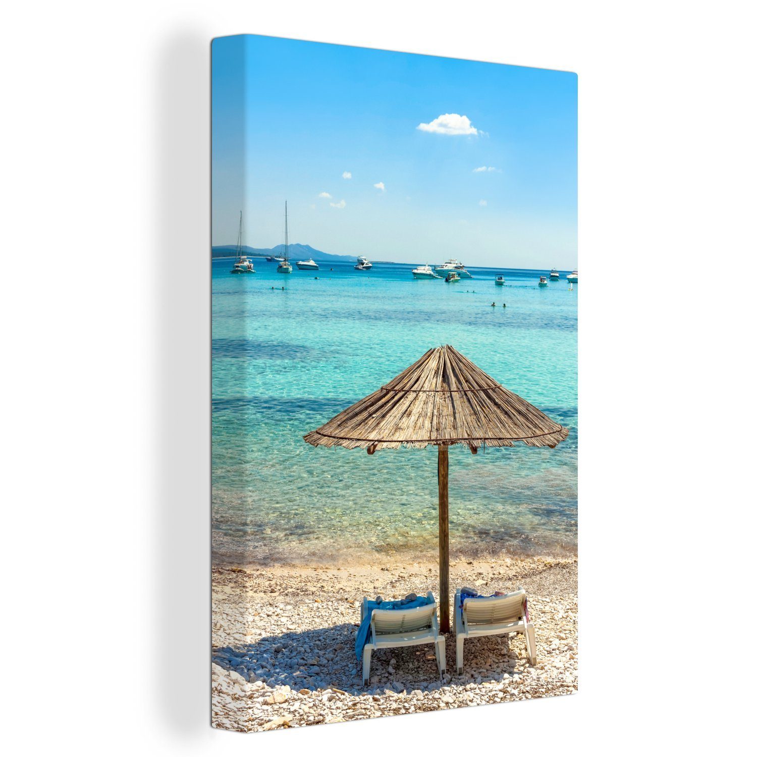 OneMillionCanvasses® Leinwandbild Boot - Strand - Sonnenschirm, (1 St), Leinwandbild fertig bespannt inkl. Zackenaufhänger, Gemälde, 20x30 cm