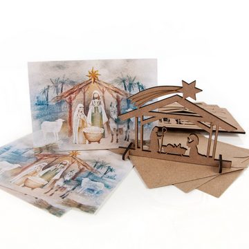 Logbuch-Verlag Geschenkbox 3 Weihnachtskarten mit Kuvert + Weihnachtskrippe (Spar-Set, 3 St), aus Holz DIN A6 Krippe zum zusammenbauen in braun