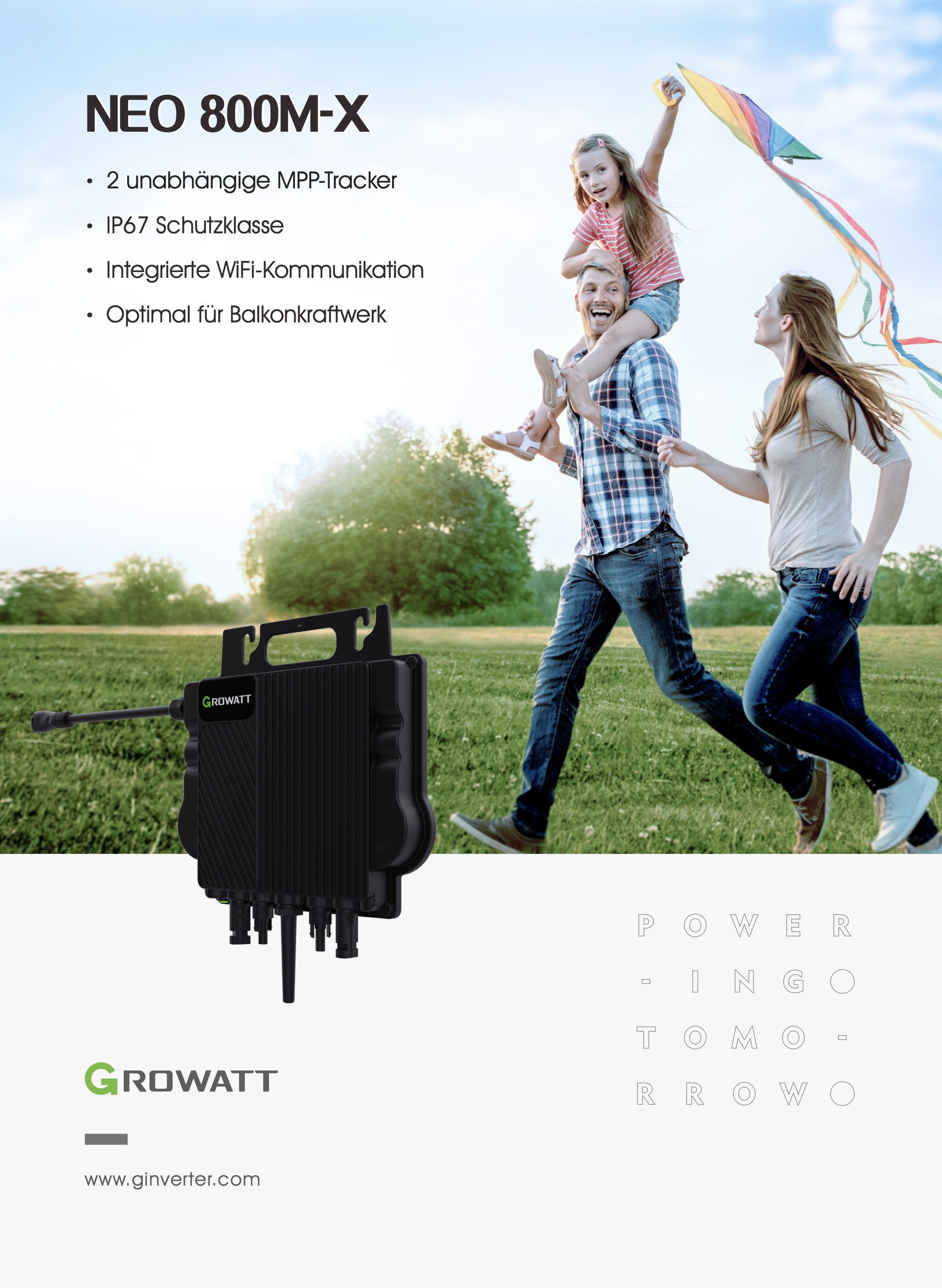 Growatt Balkonkraftwerk NEO 800W Micro-Wechselrichter mit 5M AC Kabel, Microinverter, Mini-Solaranlage, für Balkonkraftwerk, Plug und Play