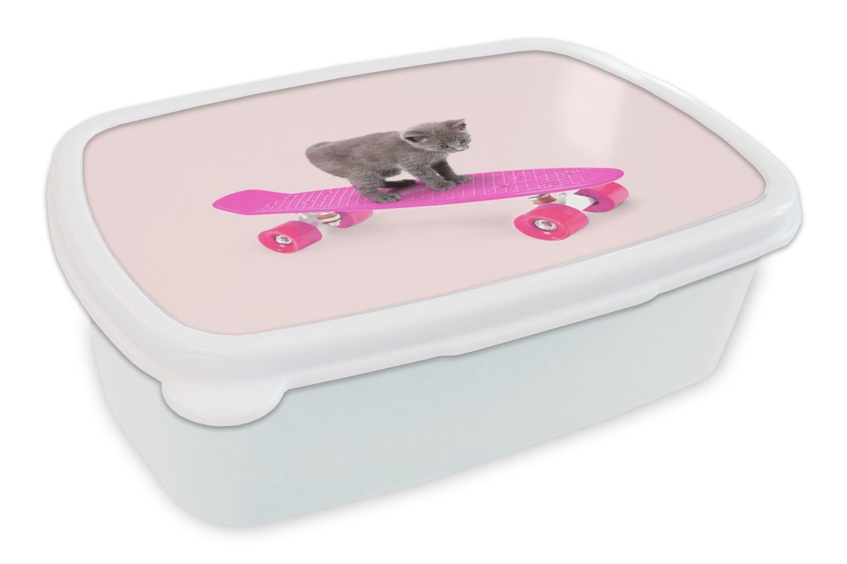 MuchoWow Lunchbox Katze - Kätzchen - Tiere - Skateboard - Rosa, Kunststoff, (2-tlg), Brotbox für Kinder und Erwachsene, Brotdose, für Jungs und Mädchen weiß | Lunchboxen