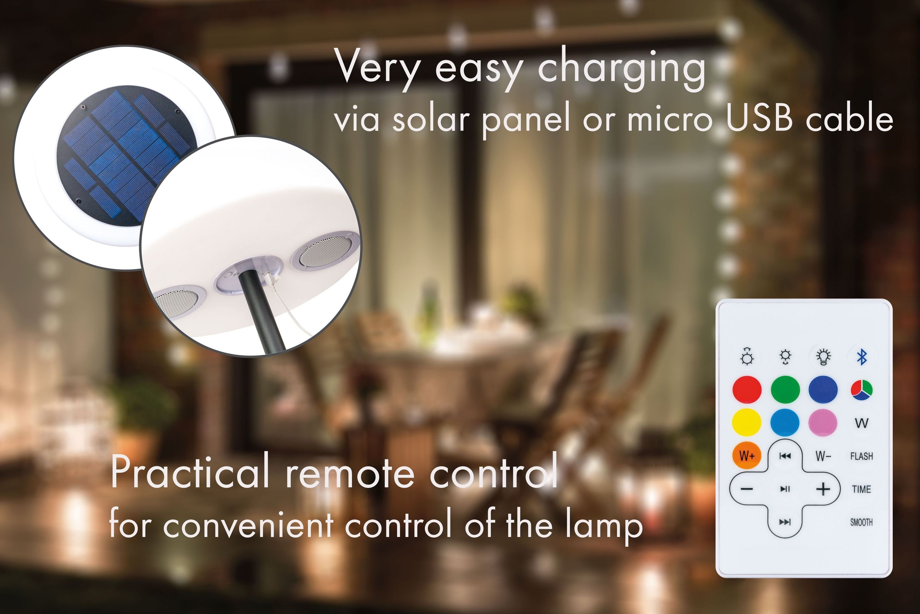 Farbwechseleffekt, Bluetooth IP44 Lampe, Lautsprecher, Schwaiger LED Lichtmodi, Ein-/Ausschalten Lautsprecher, verschiedene LED, farbwechsel, Außen-Stehlampe der 661828, zum Fernbedienung integrierter