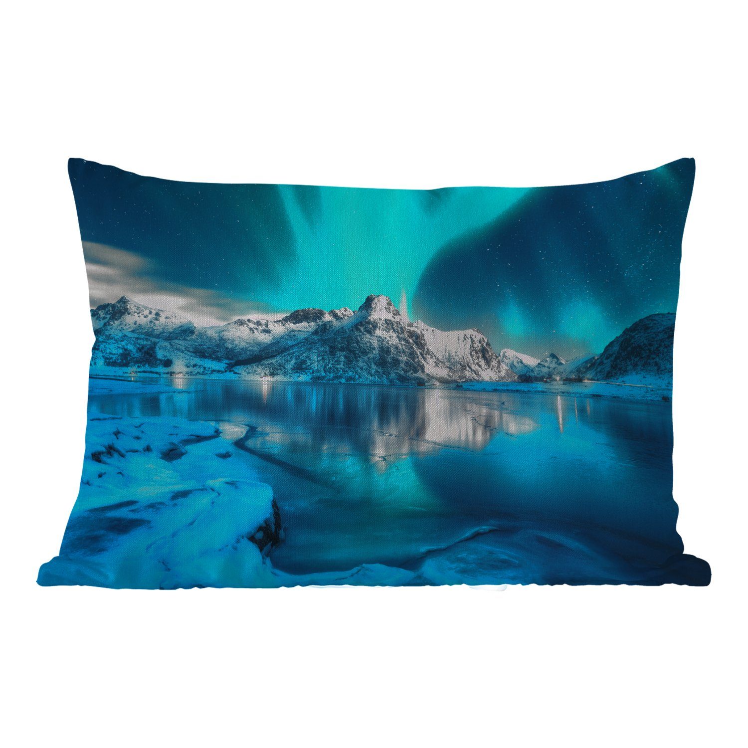 Polyester, - Blau Dekokissen - - Schnee Outdoor-Dekorationskissen, Eis - Kissenhülle Berge, MuchoWow Dekokissenbezug, Nordlicht - Norwegen