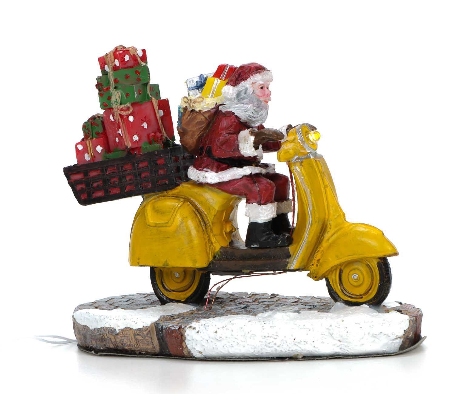 LuVille Weihnachtsfigur Retro-Weihnachtsmann mit Geschenken auf Motorroller (handbemalte freistehende Weihnachtsfigur), Weihnachtsfigur