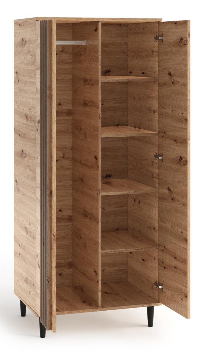 Beautysofa Garderobenschrank L10 (zweitürig Garderobe mit Lamellen,mit Stil Holzbeine, Schrank Loft in Kleiderstange) mit