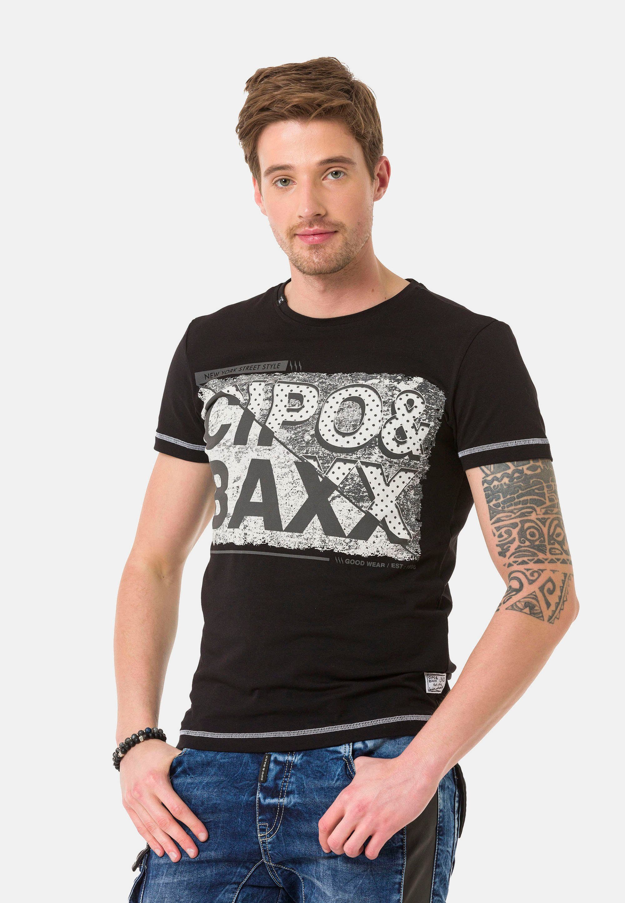 Cipo & mit schwarz Baxx großem T-Shirt Markenprint