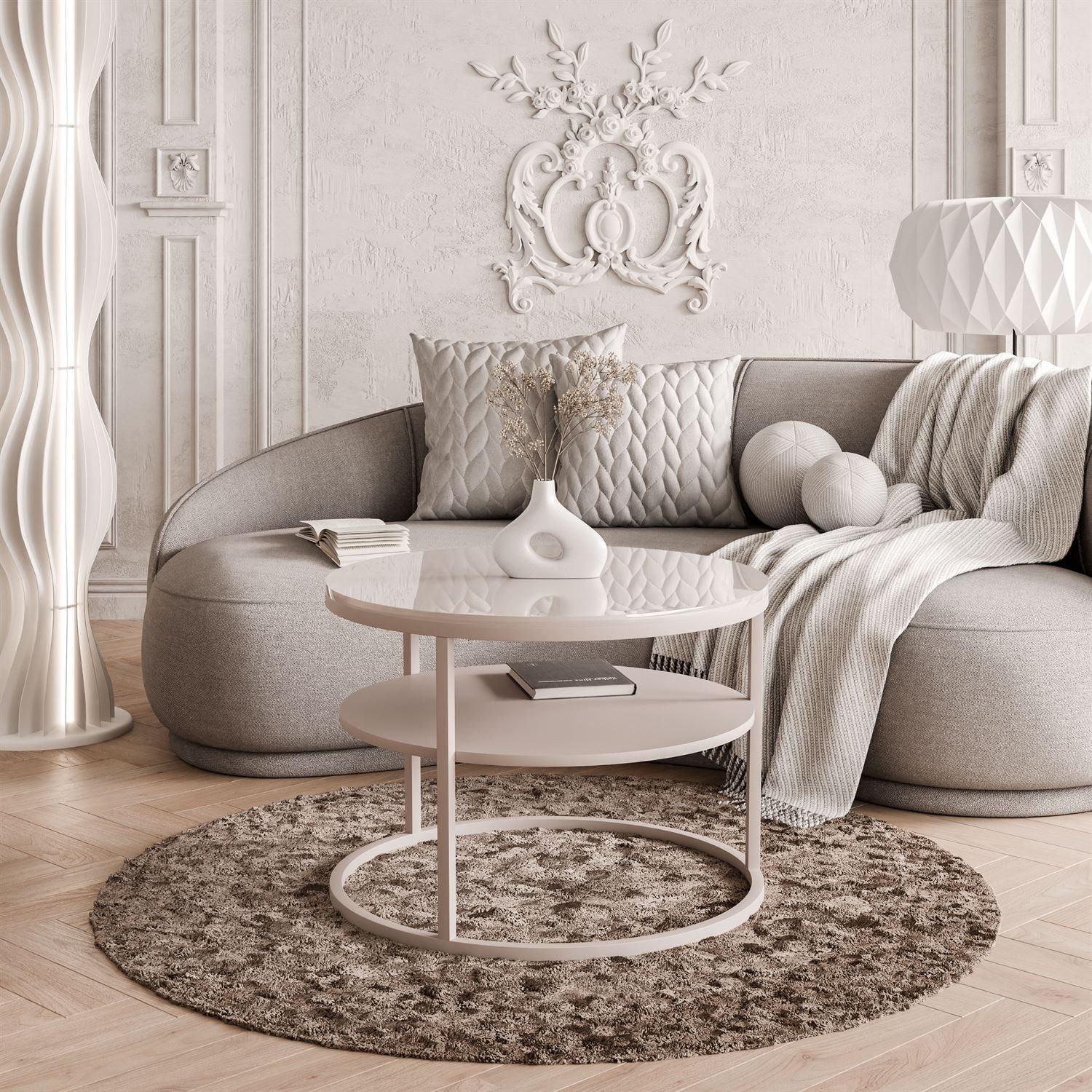 Lookway Couchtisch CIRI Kaschmir Hochglanz mit Ablage (1 Tisch), Durchmesser: ⌀70 cm