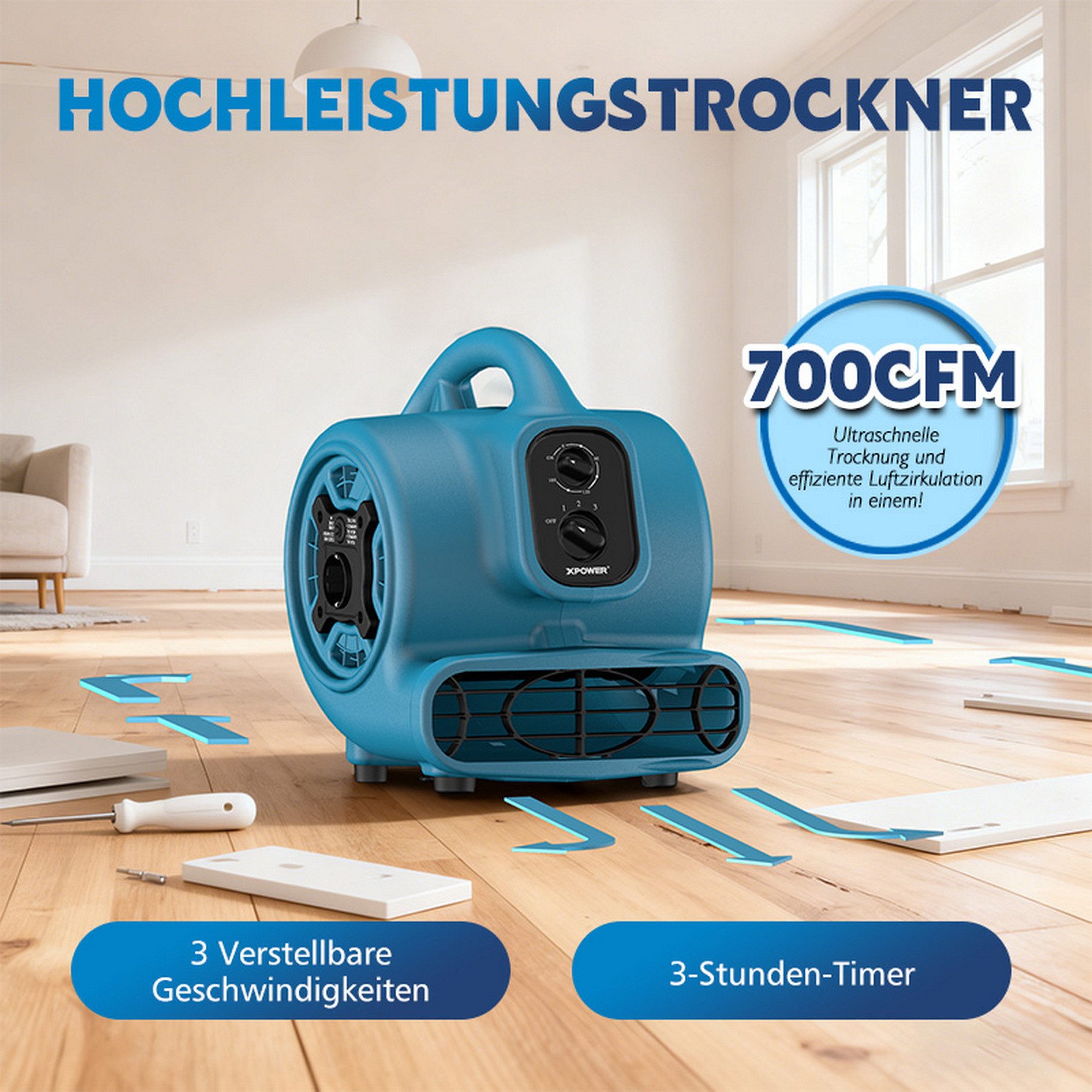 XPOWER Standventilator Bodenlüfter Turbolüfter Ventilator Trockner Bodenventilator Fußbläser, P-230AT, 27.1x31.5x33.8cm, TRAGBAR, SCHNELLER PUMP, Einfache Bedienung