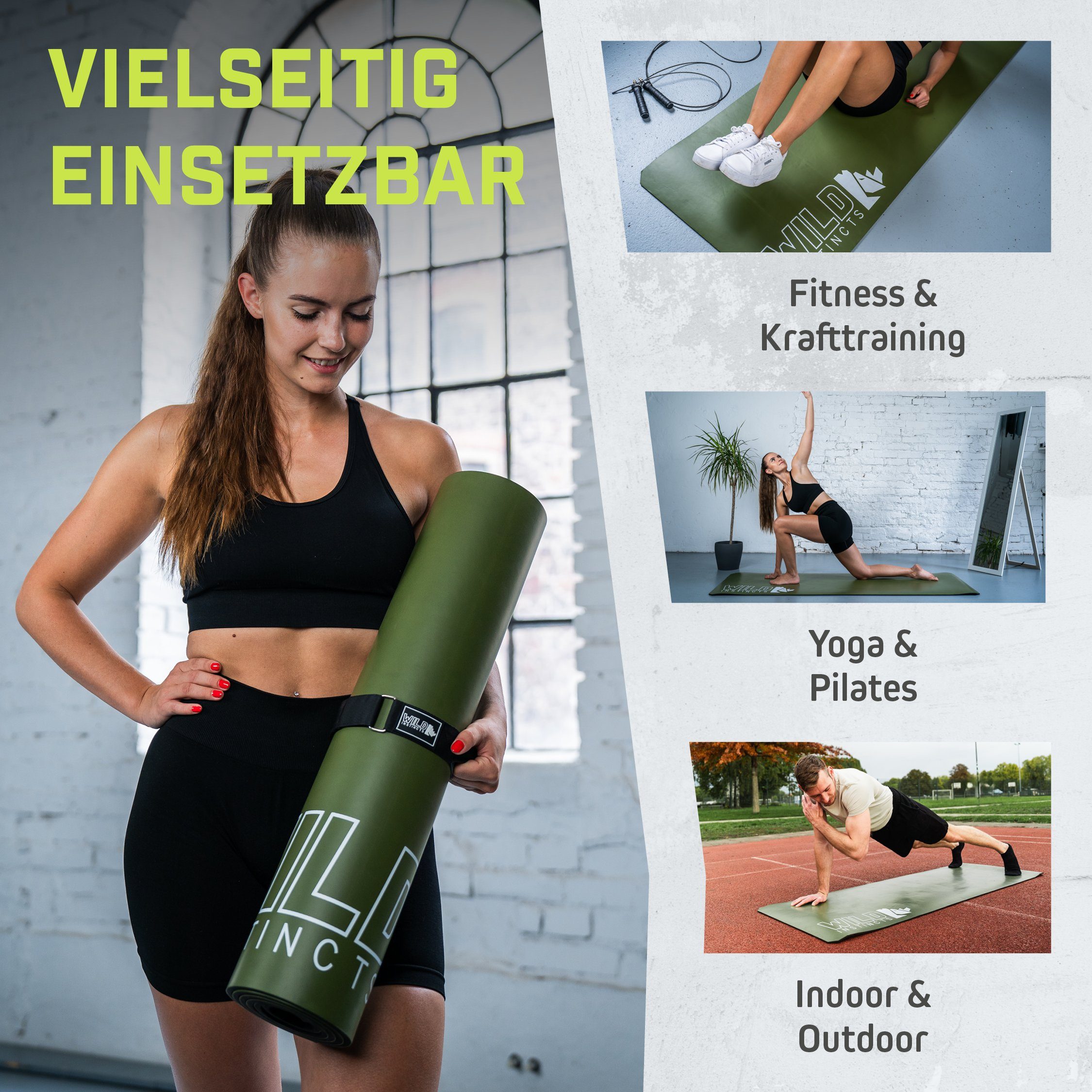 66 Instincts Green Fitnessmatte Matte/Rutschfest 7mm/Sport 185cm Wild cm Olive & Pulse, x Matte/Workout