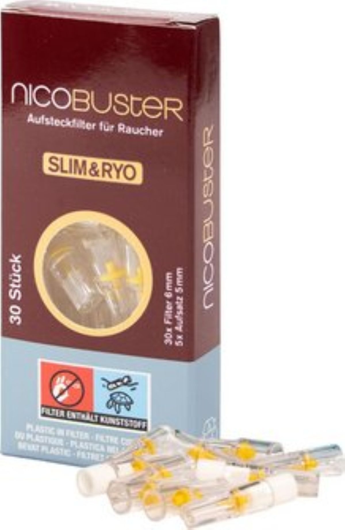 Nicobuster Filter-Set slim & ryo Aufsteckfilter für Filterhülsen 2x 30 Stück inkl. Hölzer, Zubehör für Aufsteckfilter sind perfekt für Slim Zigaretten und Selbstgedrehte, für Slim Zigaretten 5mm und 6mm