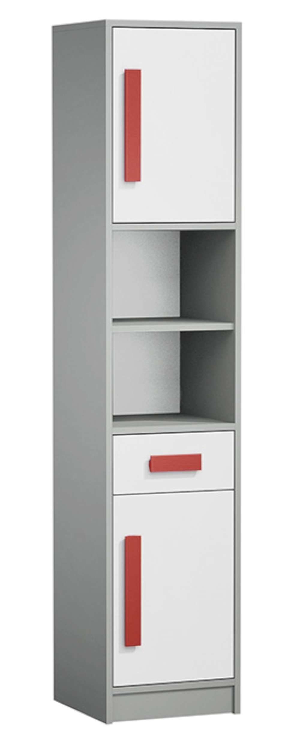 Stylefy Kinderkleiderschrank Gael IV (Standschrank, Kinderschrank) mit 2 offenen Fächern und Schublade, Vollauszug, viel Stauraum, Design Modern, für Kinder Weiß - Grau - Rot